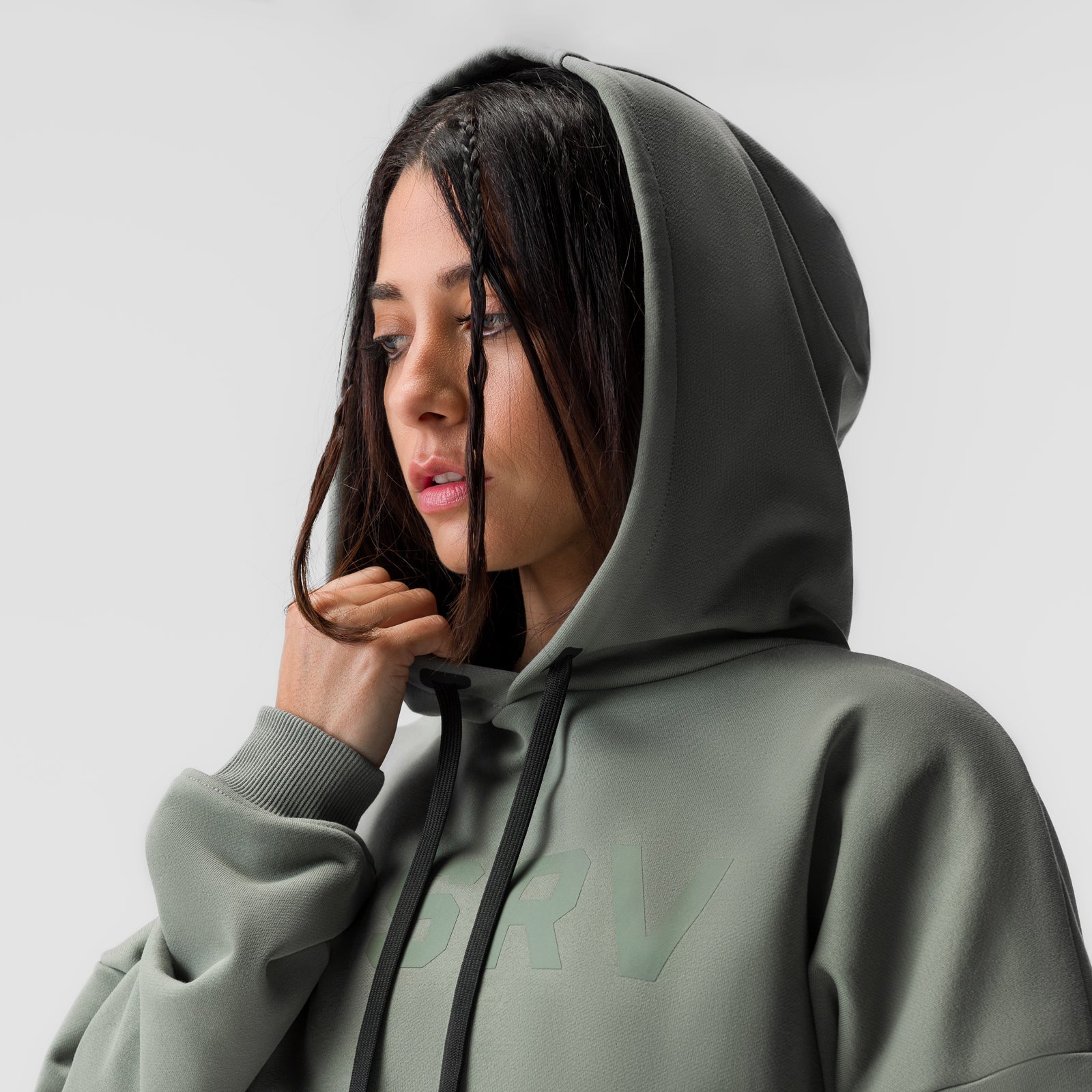 Sage Sorona® French-Terry Cropped Hoodie worn by model, side profile view