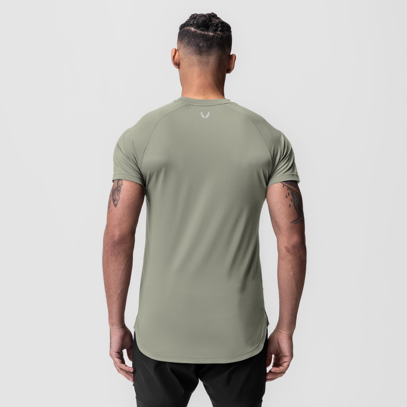 AeroSilver Established Tee in sage, back view on model