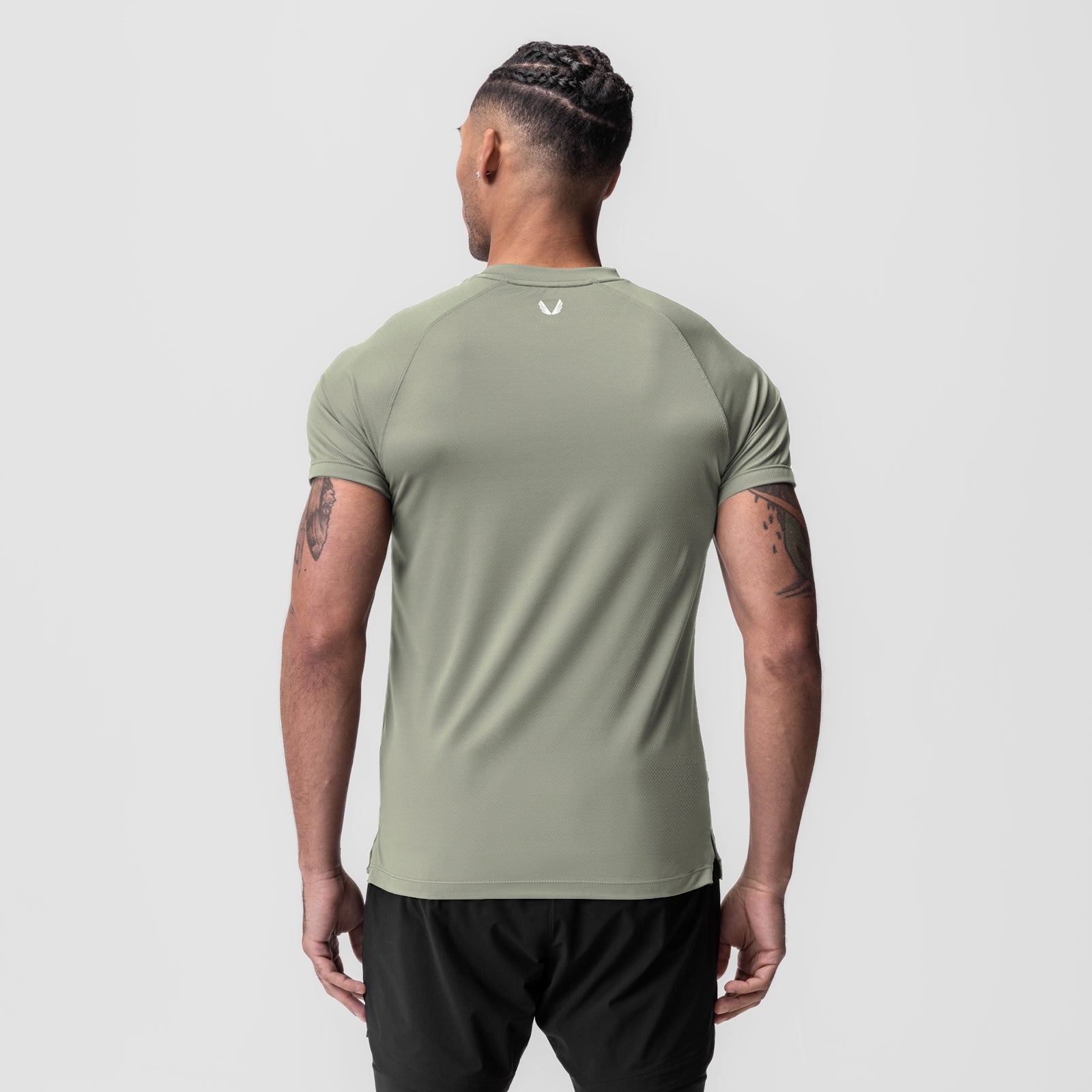 AeroSilver® Fitted Tee in sage worn by model, back view