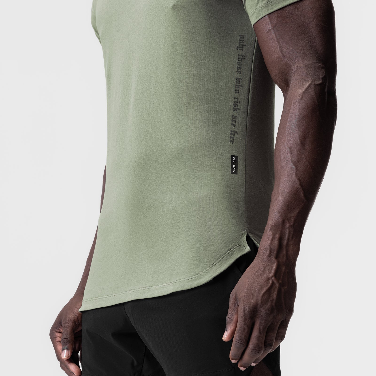 Supima Established Tee in sage, worn by model showing side view and fit