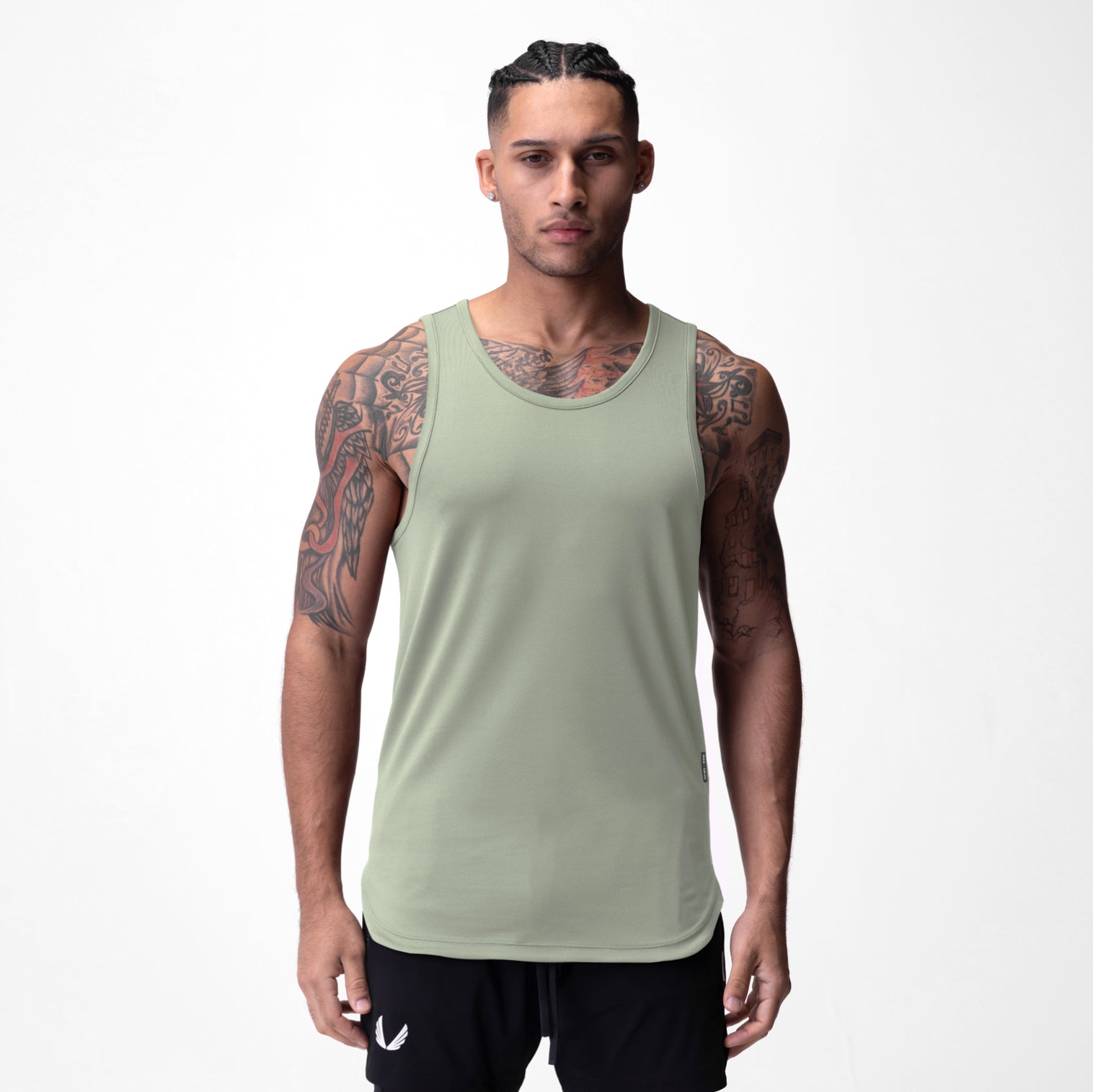 AeroSilver® Tank Top in sage green, worn by model facing camera