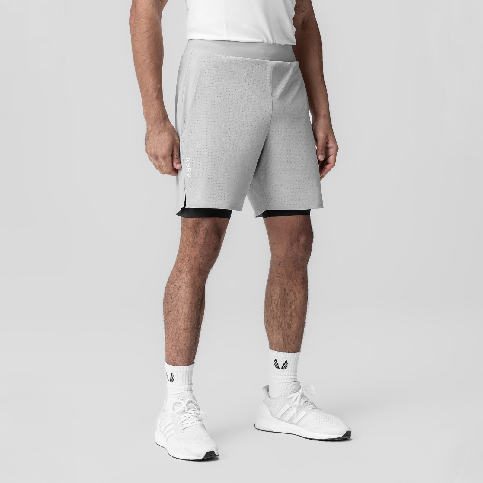 Aerotex™ Bonded 7" Liner Short in slate grey, worn by model, front view