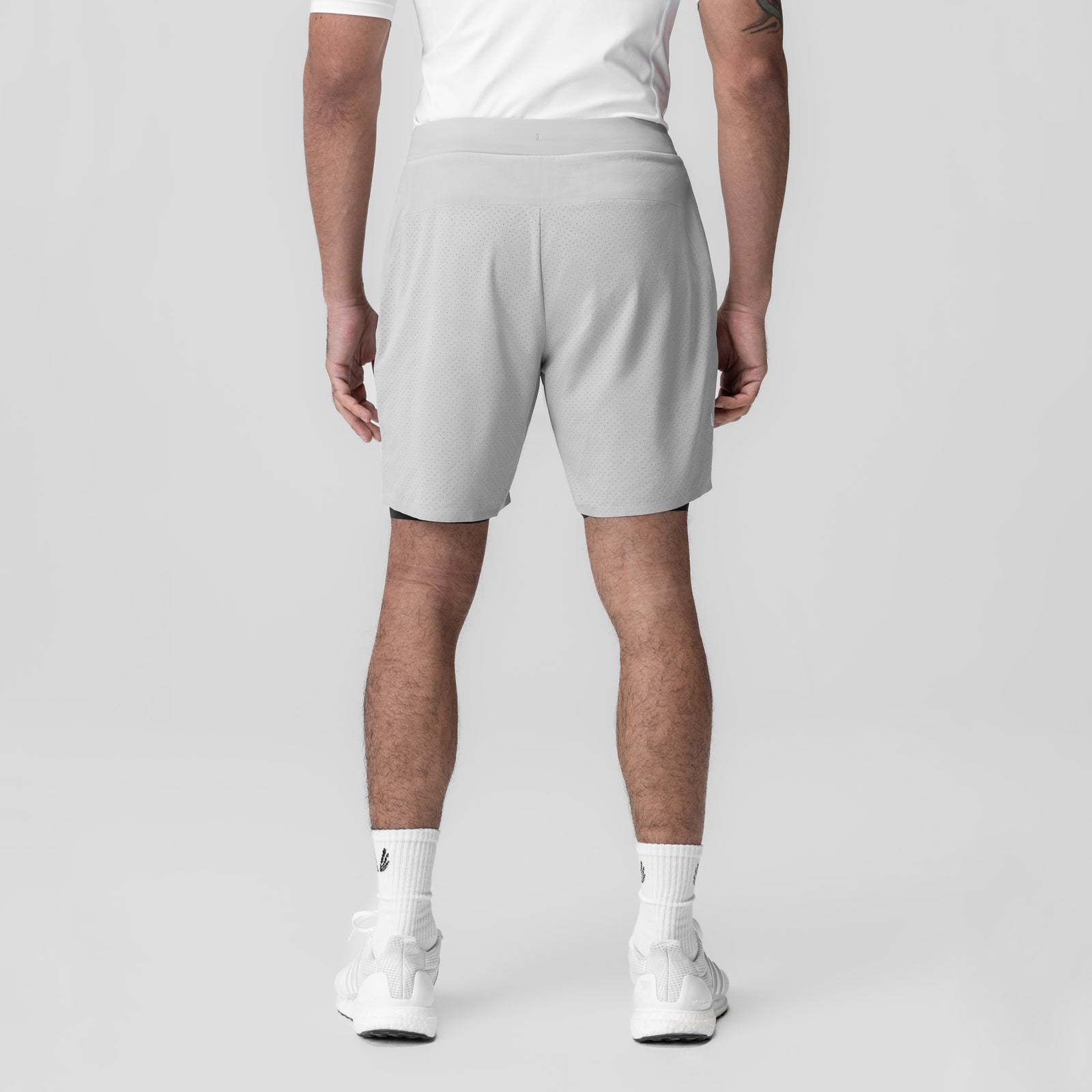 Slate grey Aerotex bonded 7" liner shorts worn by model, back view