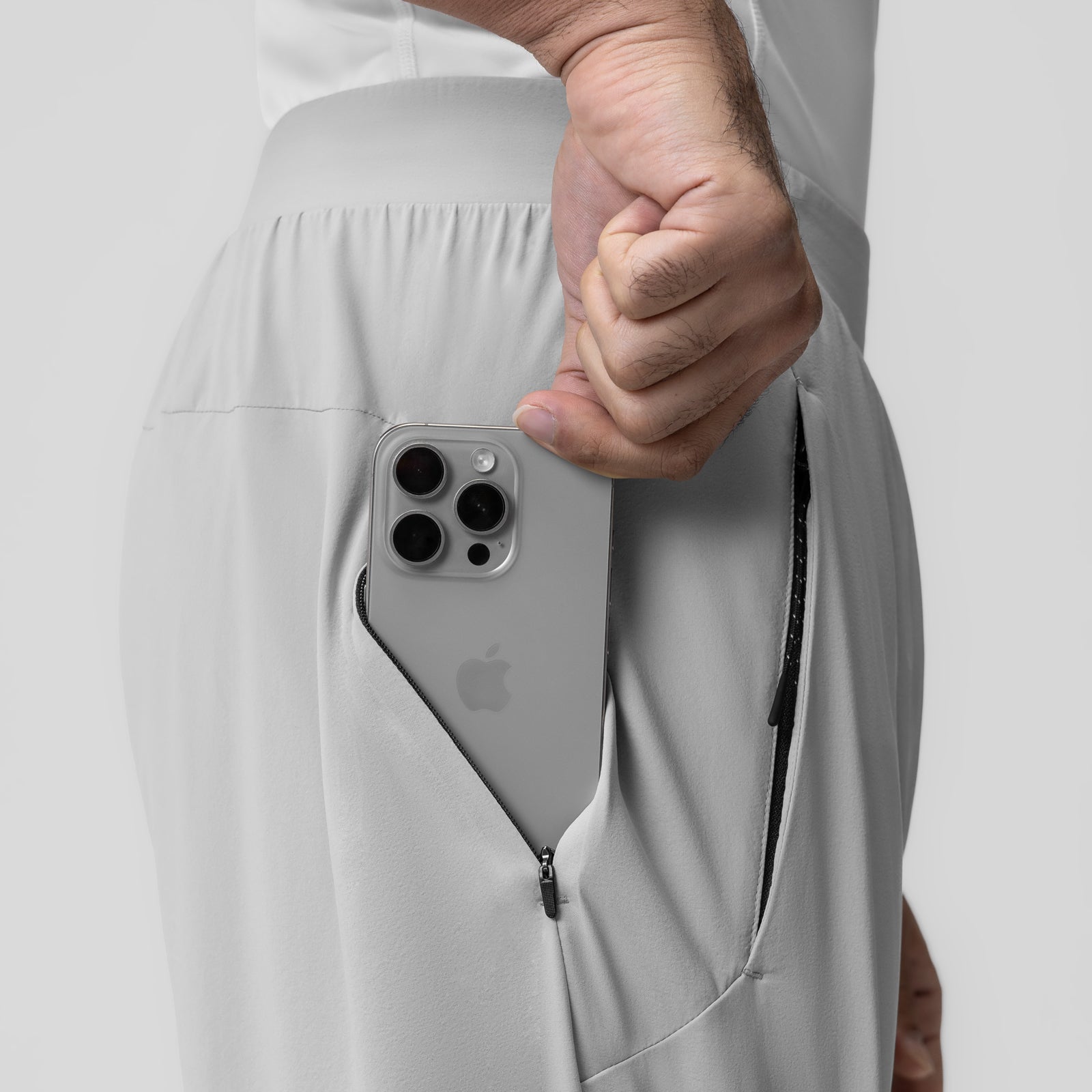Aerotex Weather-Ready Bonded Pant in Slate Grey, worn with phone in pocket