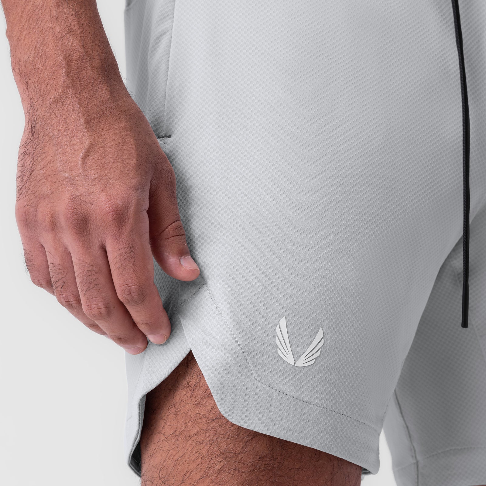 AeroSilver 7" linerless shorts in slate grey, worn by model showing side detail
