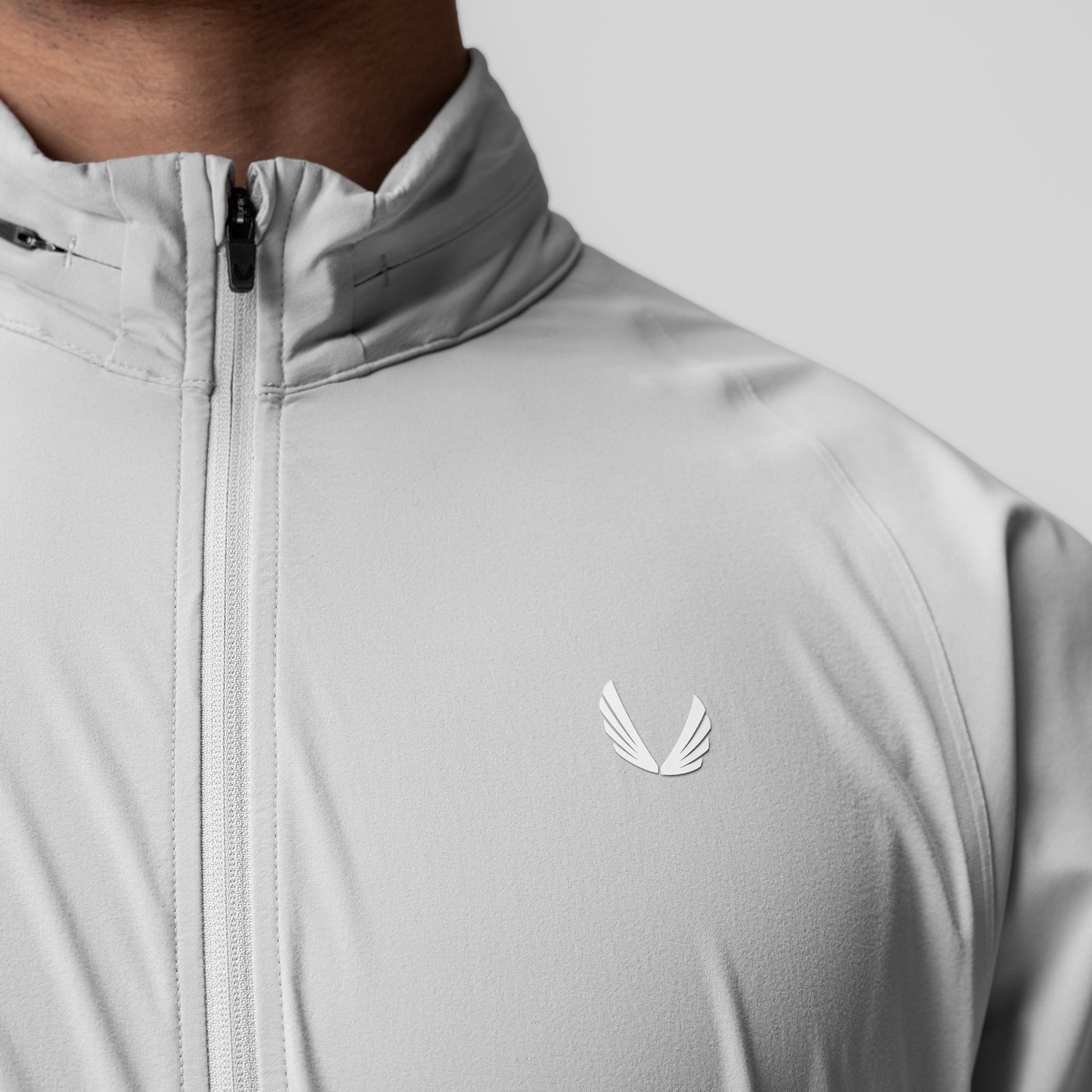 Aerotex Weather-Ready Bonded Windbreaker in slate grey, worn by model, front view with zipper detail