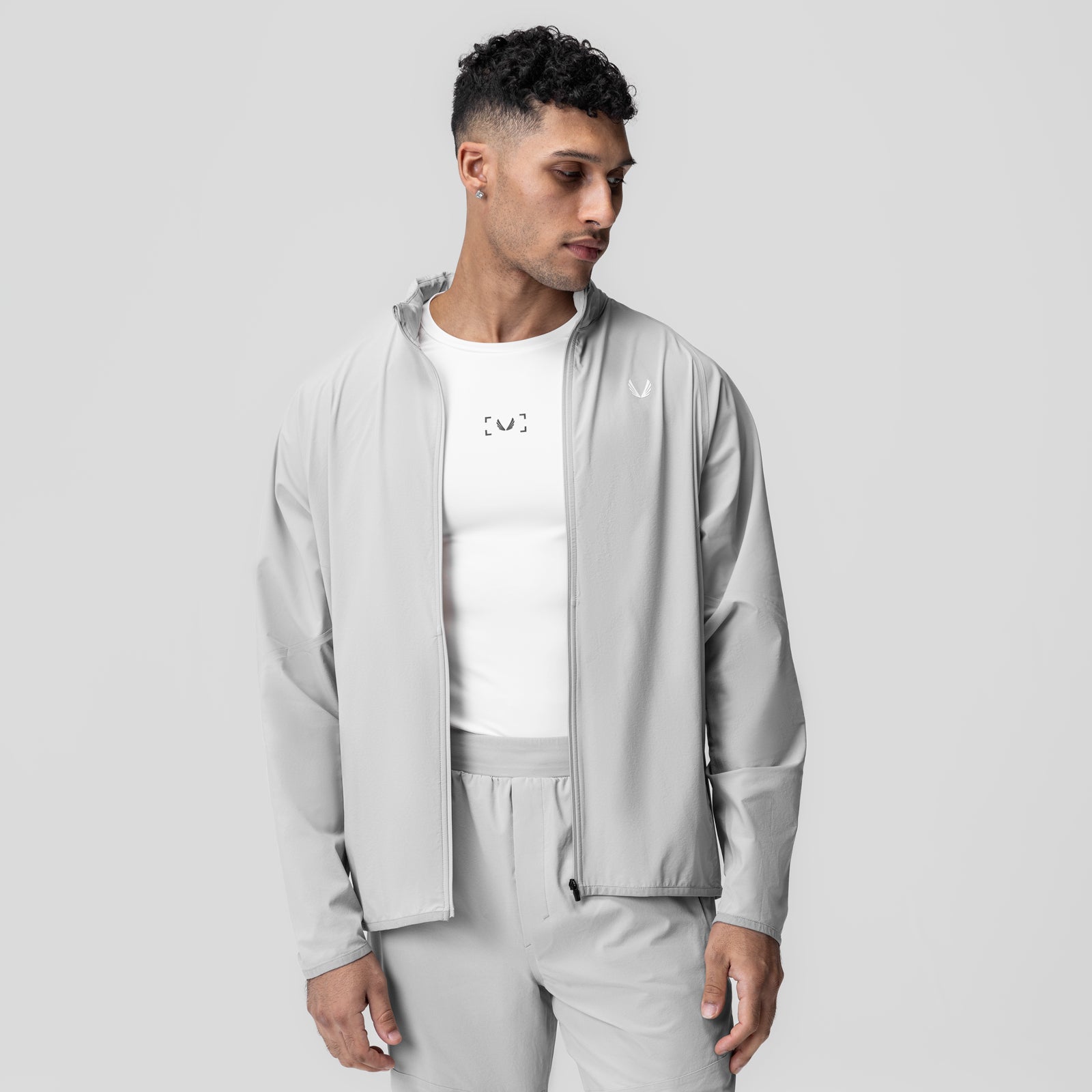 Aerotex Weather-Ready Bonded Windbreaker in slate grey, worn open over white tee, front view