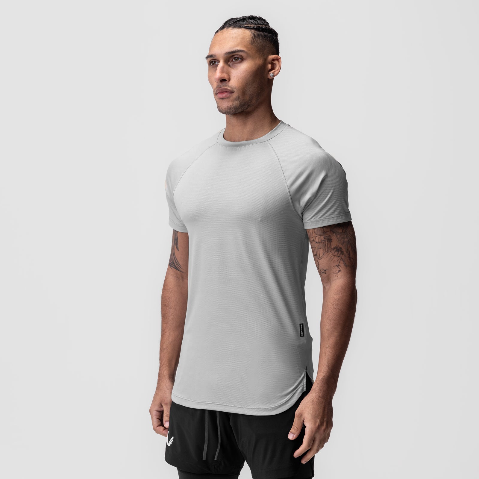 AeroSilver Established Tee in Slate Grey worn by male model, front side view
