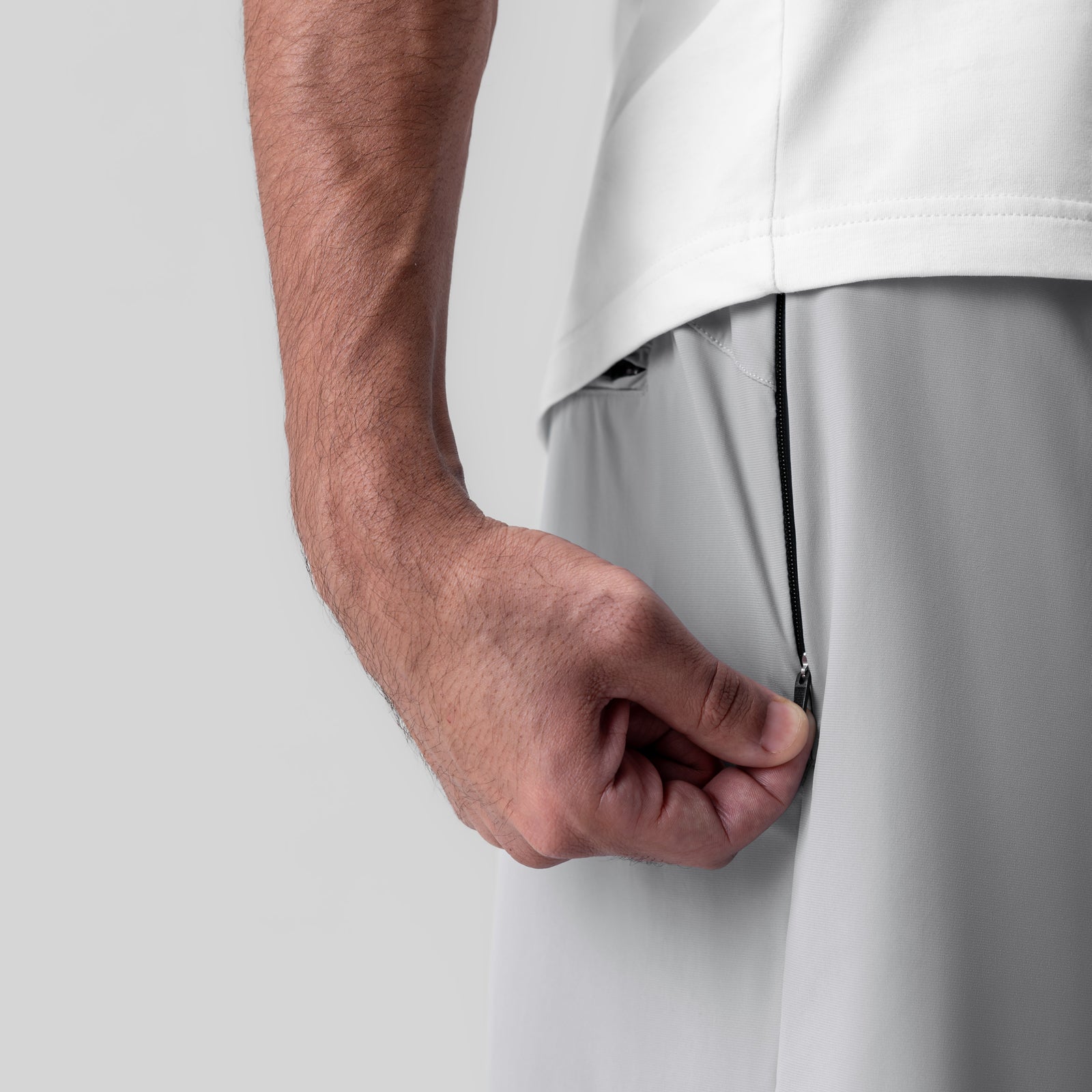 Revolutional Field Short in slate grey, worn by model showing side pocket detail