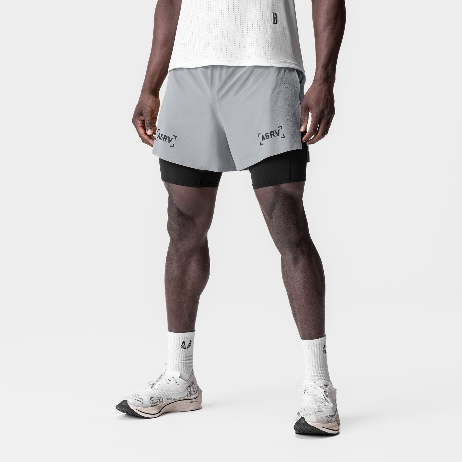 Aerotex 4" High Split Liner Short in slate grey and black, front view on model
