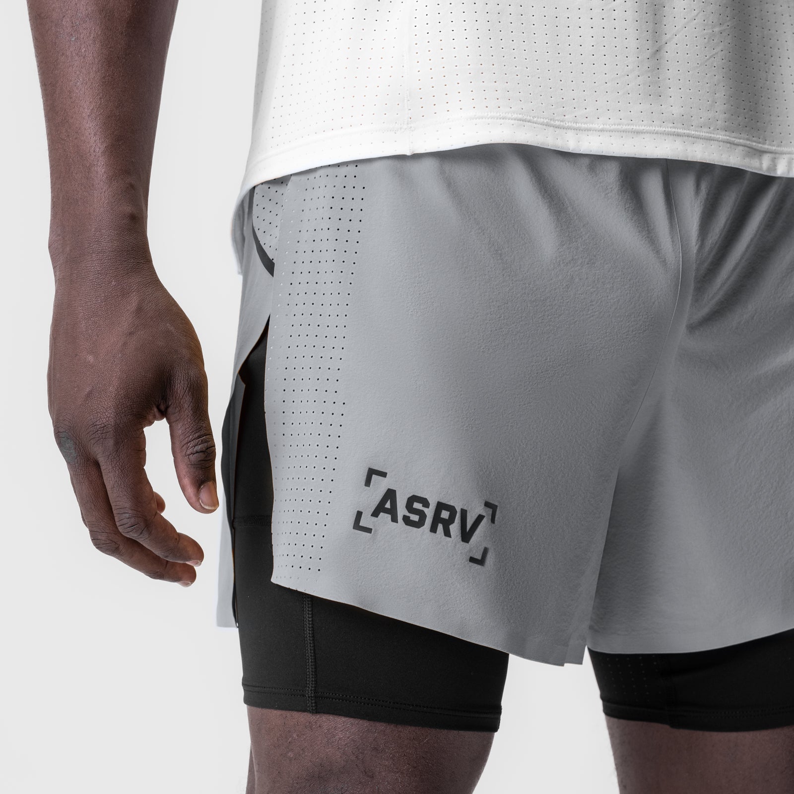 ASRV Aerotex 4" High Split Liner Short in slate grey, worn by model, side view