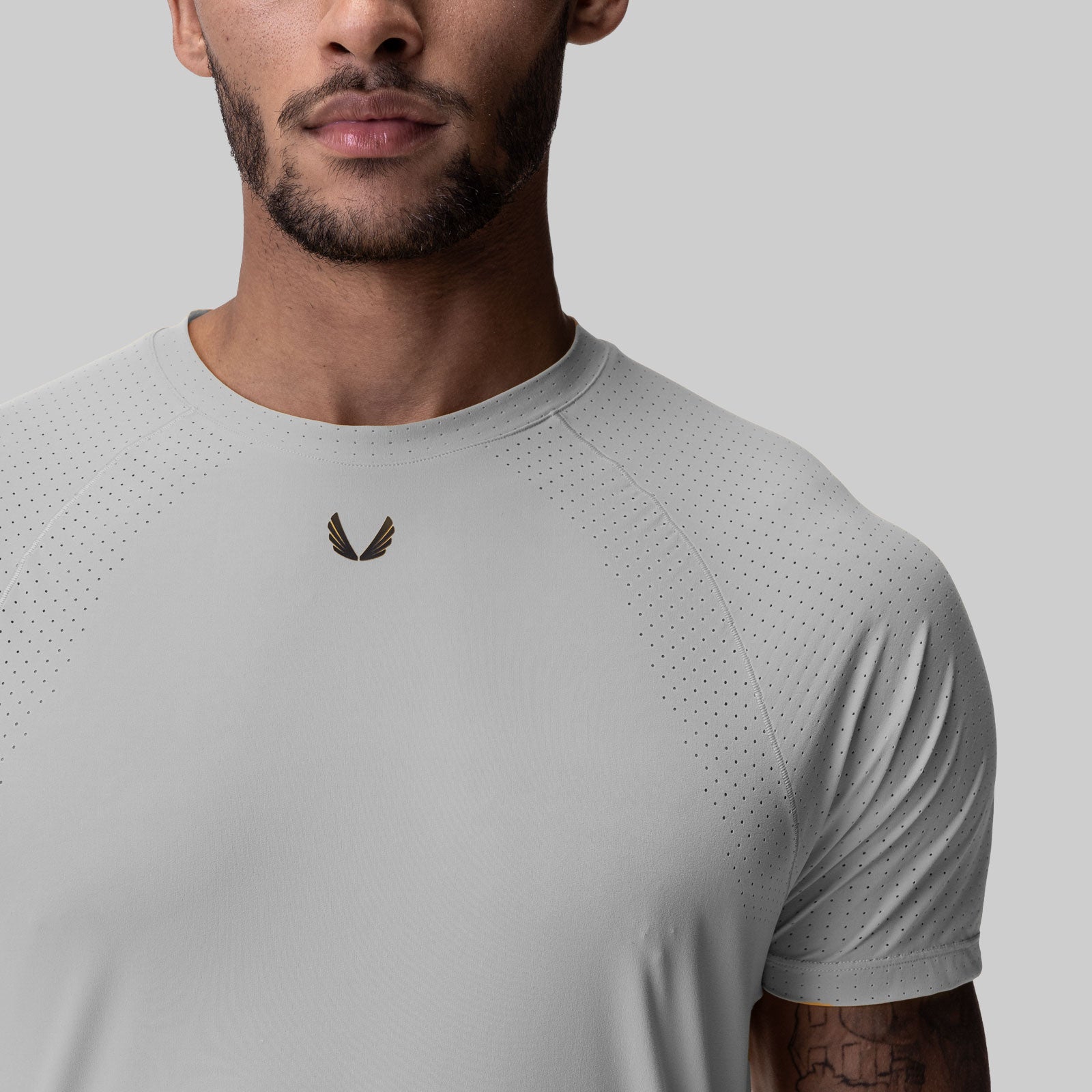 Laser-Vent Established Tee in slate grey worn by male model, front view