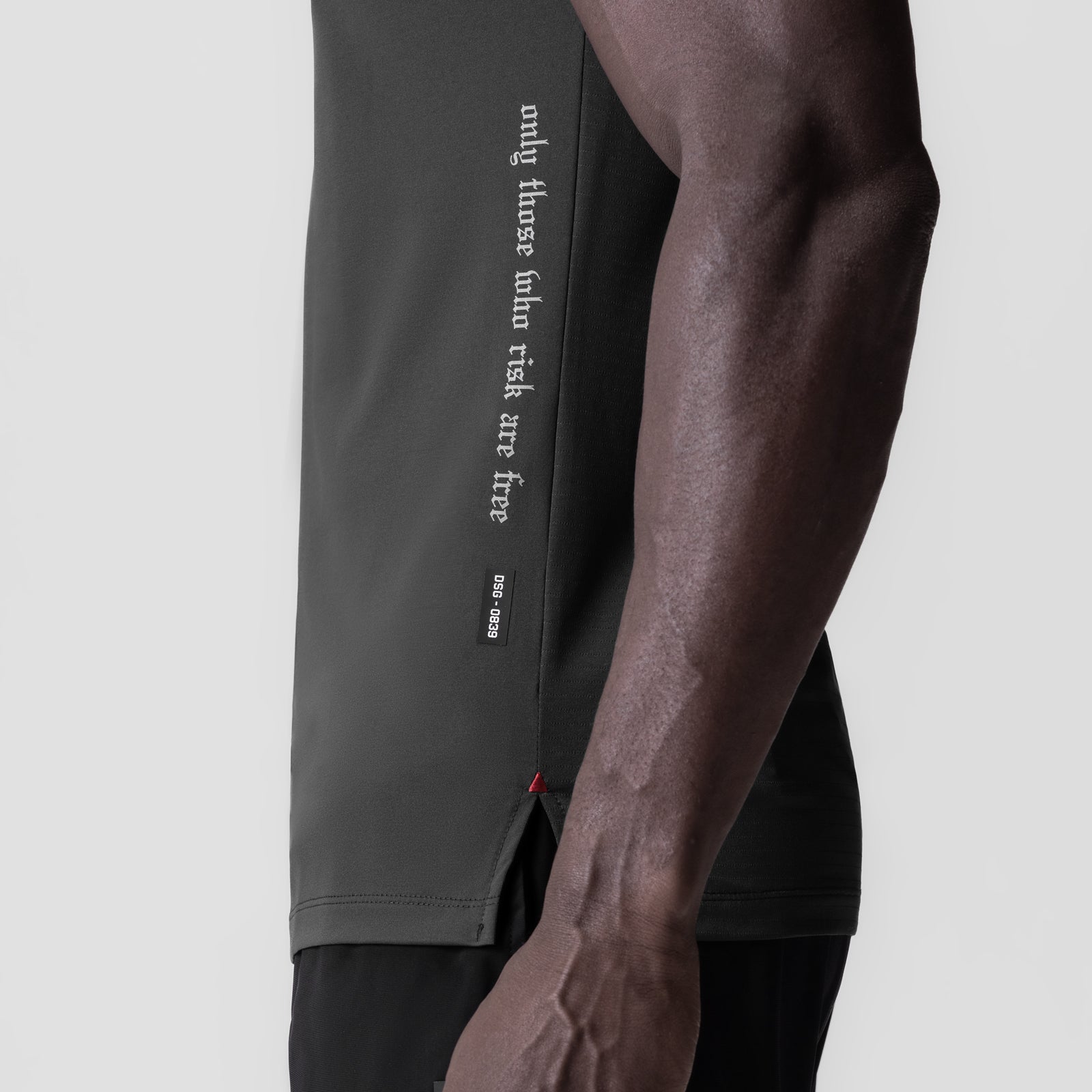 0839. 3D-Lite® 2.0 Lycra® Fitted Tee in space grey, modeled on person showing side view