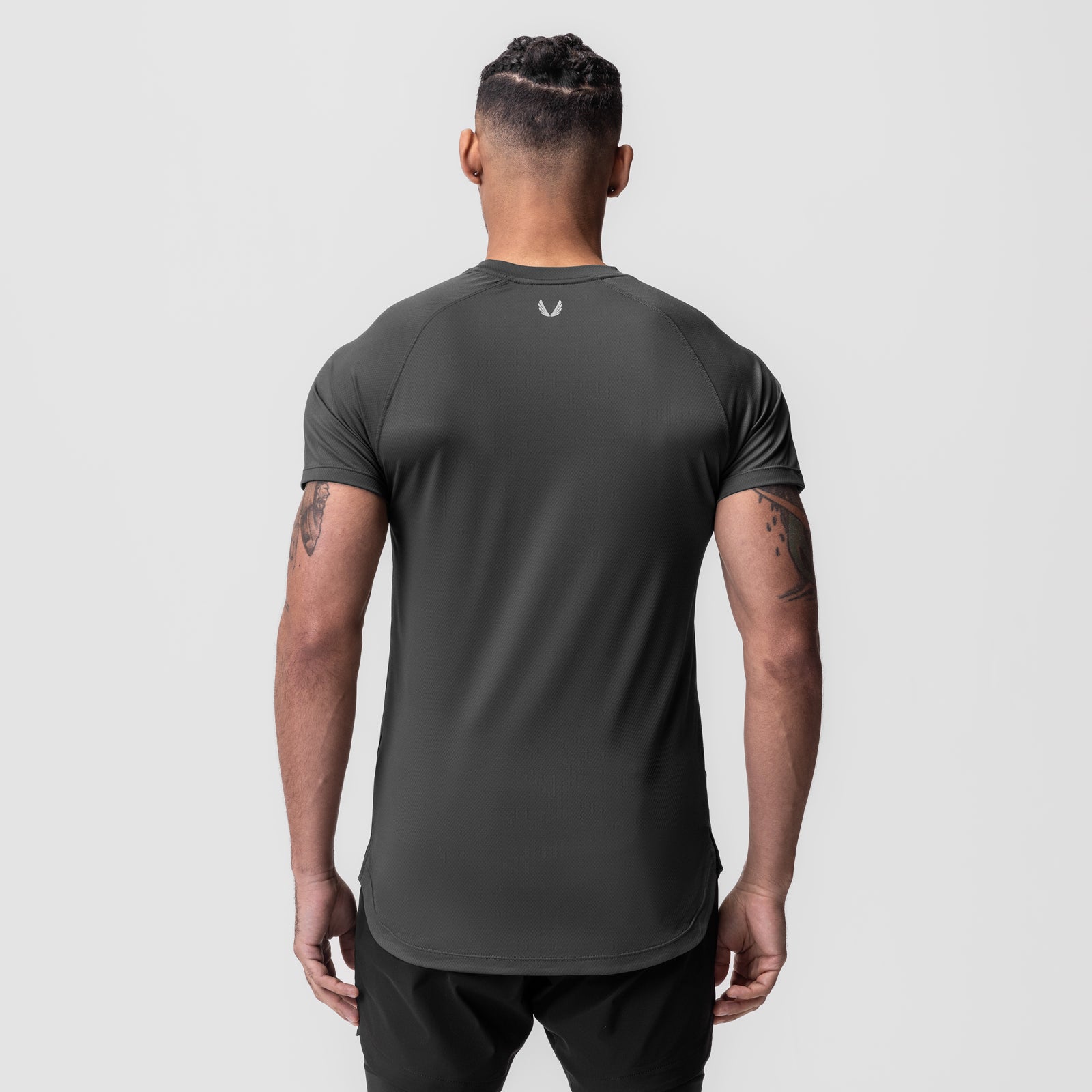 AeroSilver Established Tee in Space Grey, back view on model