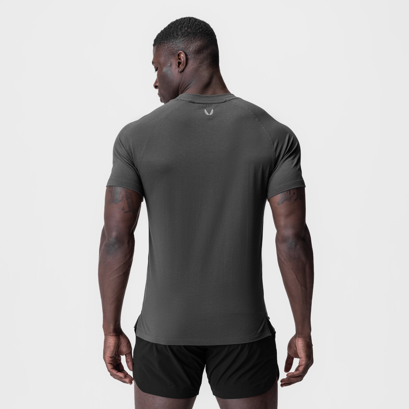 Supima® Fitted Tee in Space Grey worn by male model, back view