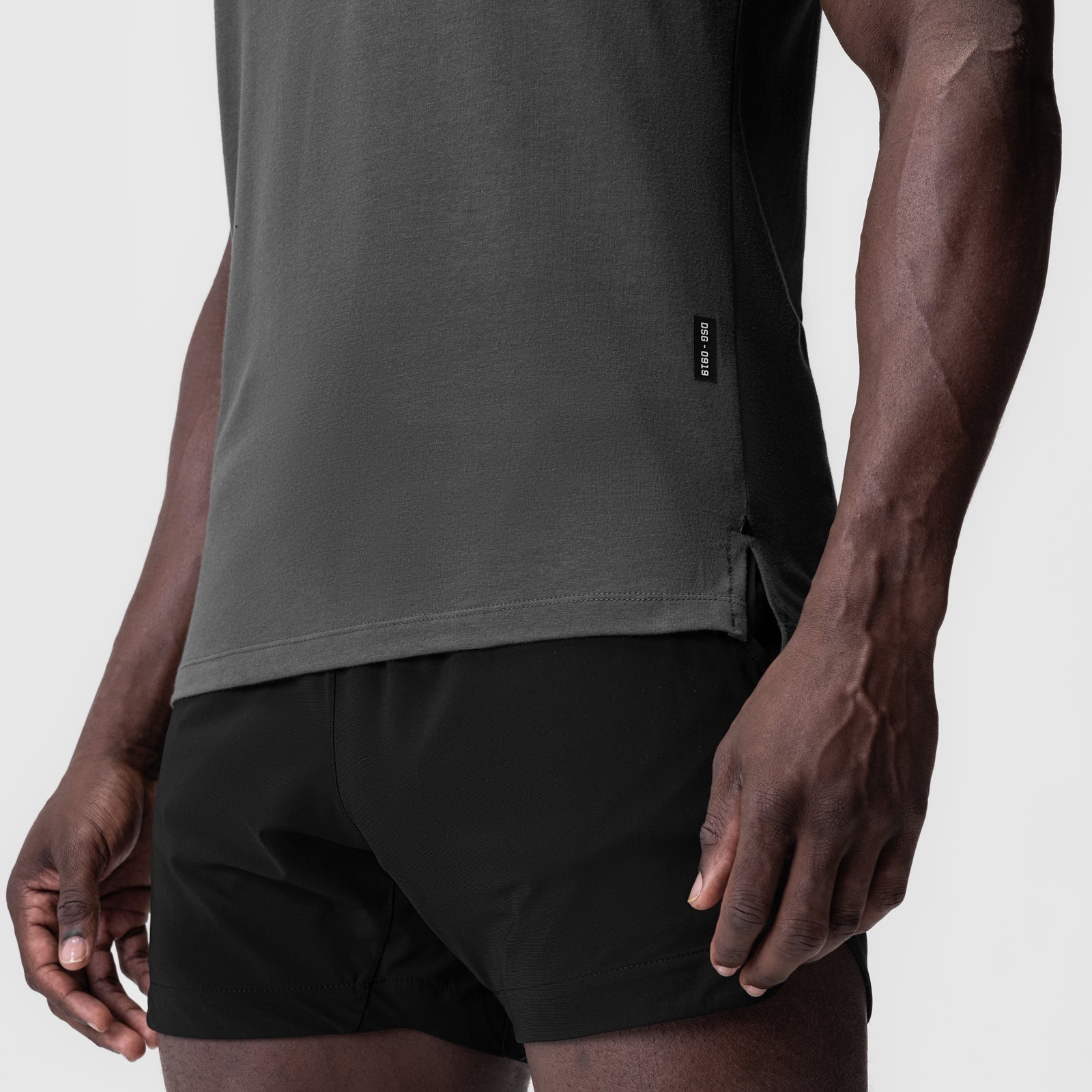 Supima® Fitted Tee in space grey worn by model, side view showing fit