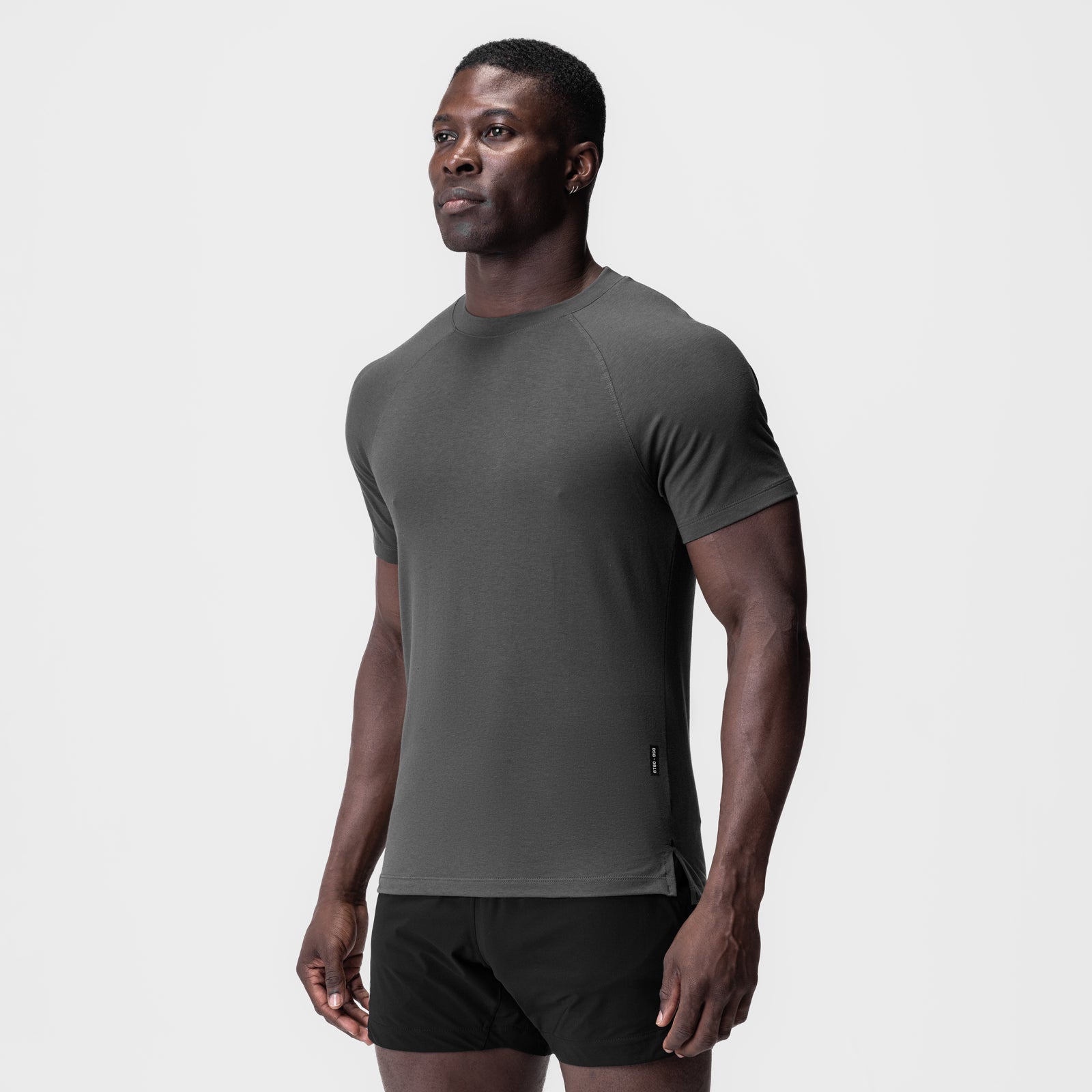 Supima® Fitted Tee in space grey worn by male model, front view