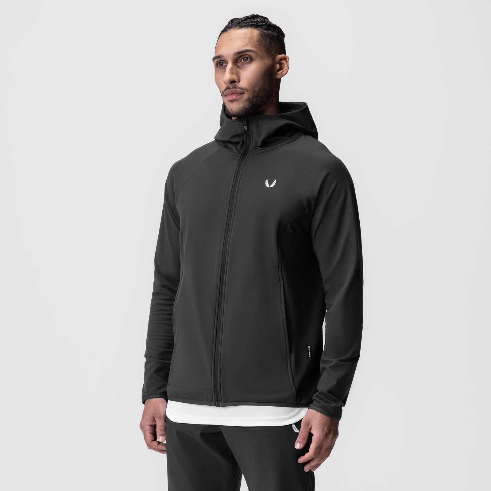 Performance Fleece Zip Hoodie in space grey worn by model, front view