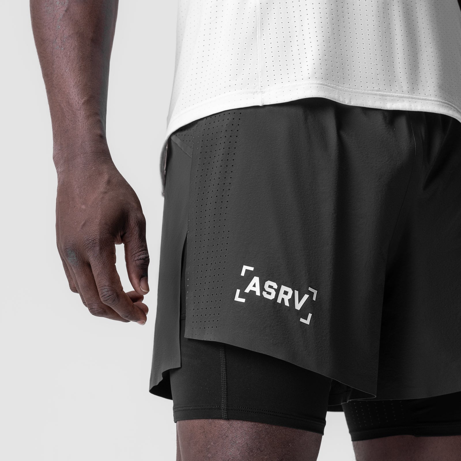 Aerotex 4" High Split Liner Short in space grey, worn by model showing side view