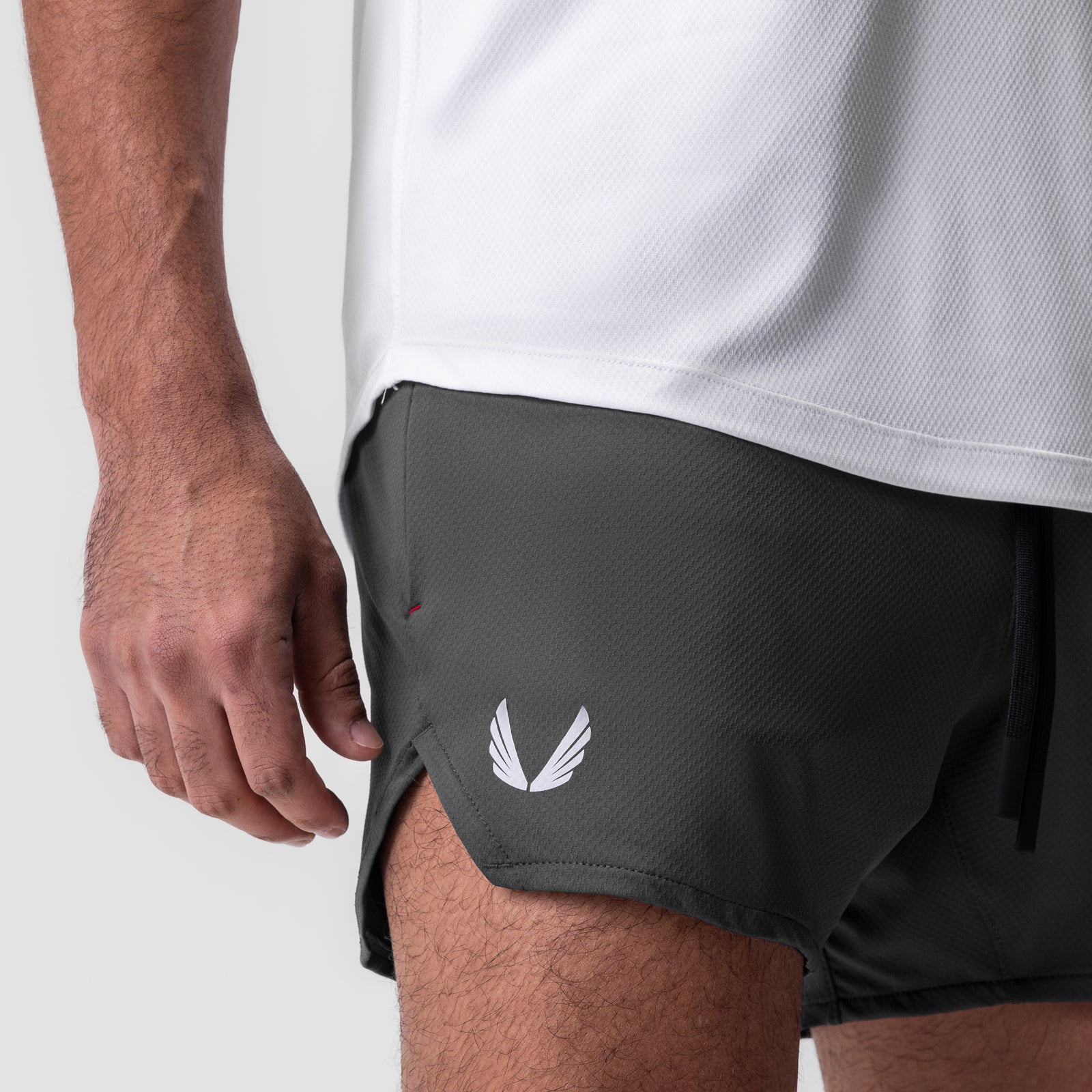 AeroSilver 5" Linerless Short in space grey, worn on model from waist down