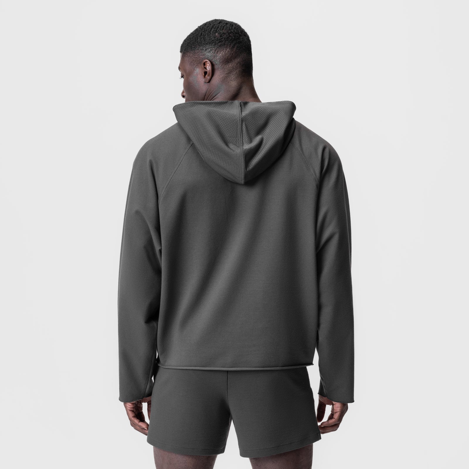 Micro-Terry Raw Hem Hoodie in space grey, back view on model