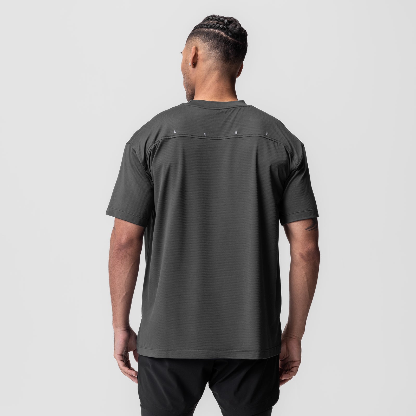 AeroSilver Oversized Tee in Space Grey, back view on model