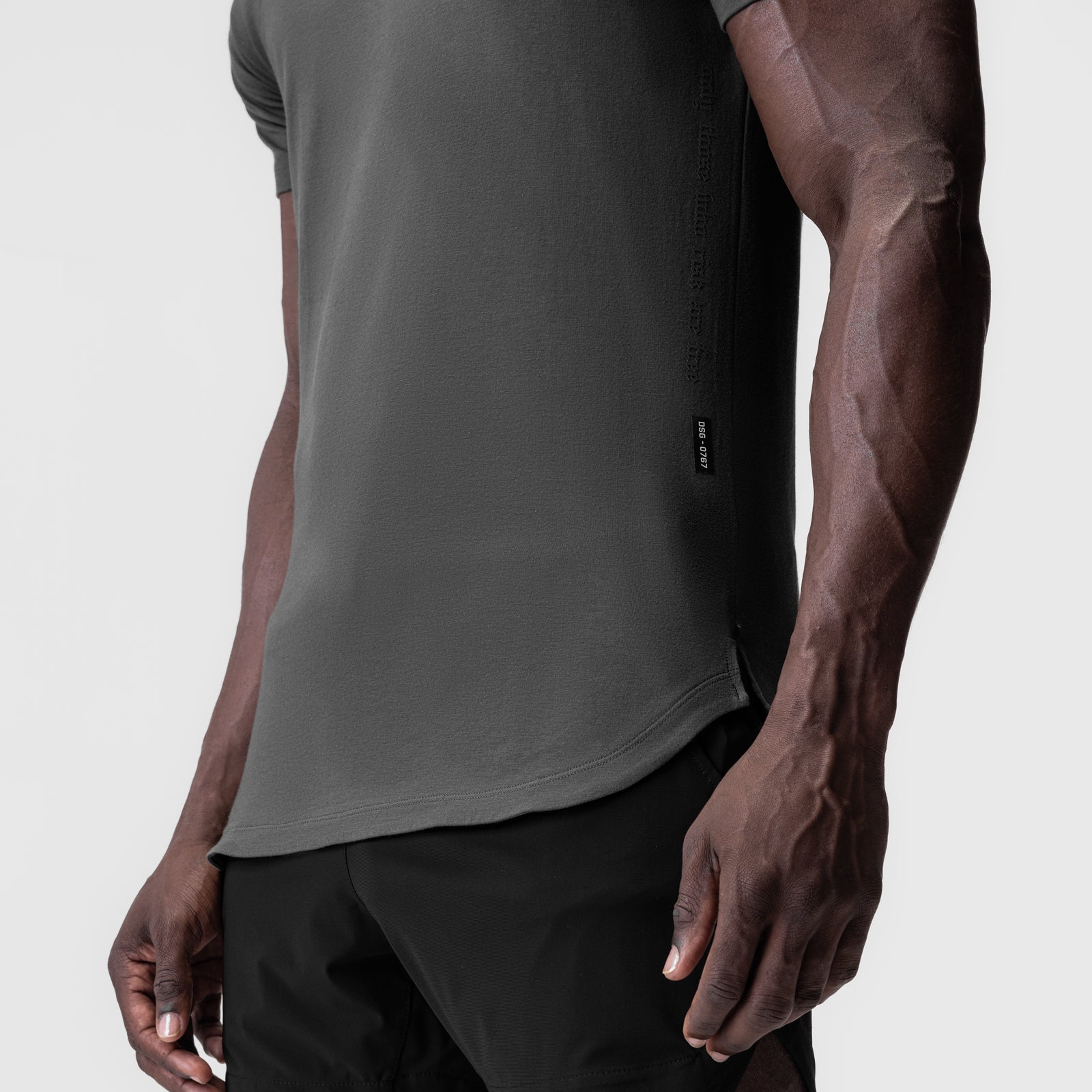 Supima® Established Tee in space grey worn by model, side view