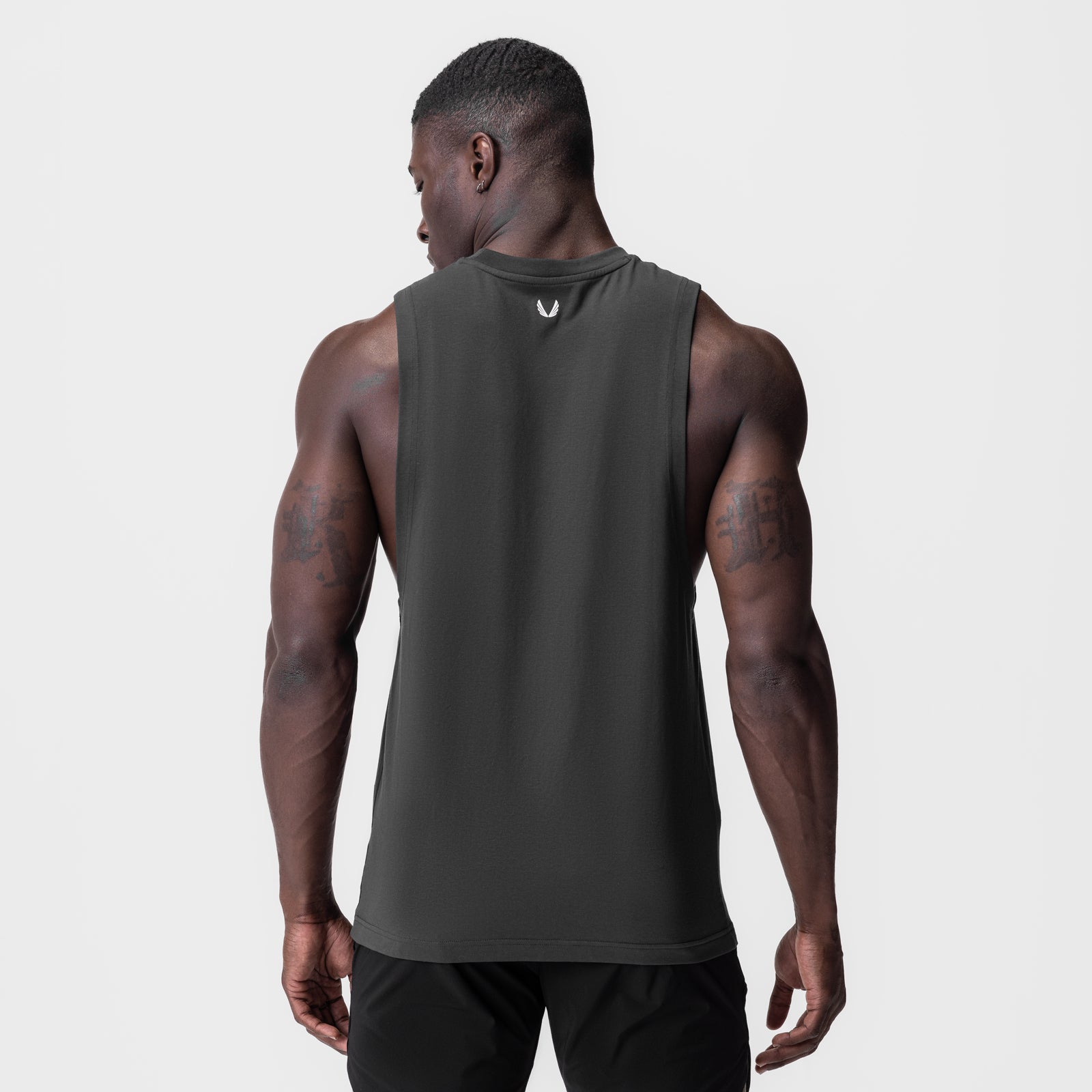 Supima® Muscle Tank in space grey, back view on model