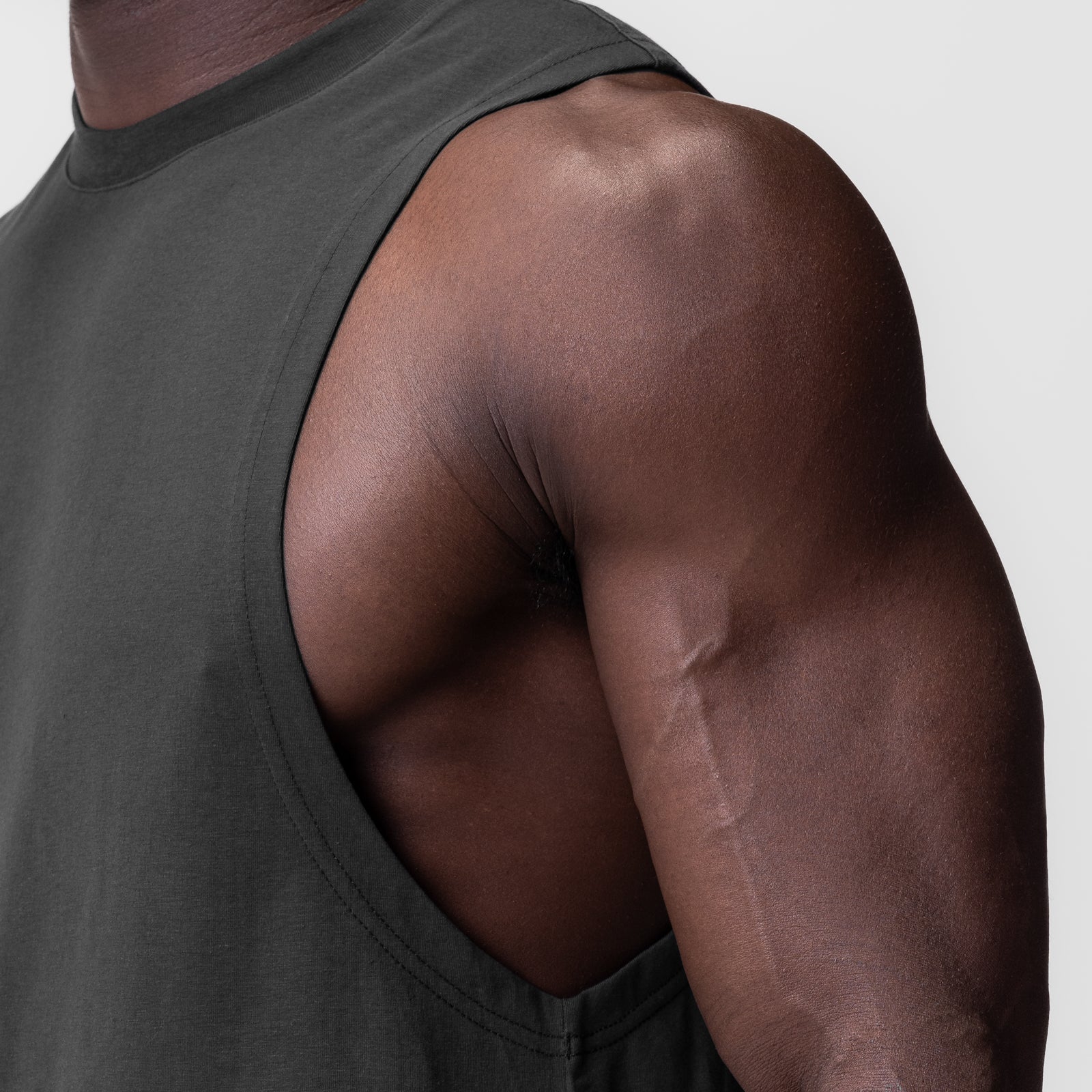 Supima® Muscle Tank in Space Grey, worn by model showing side view