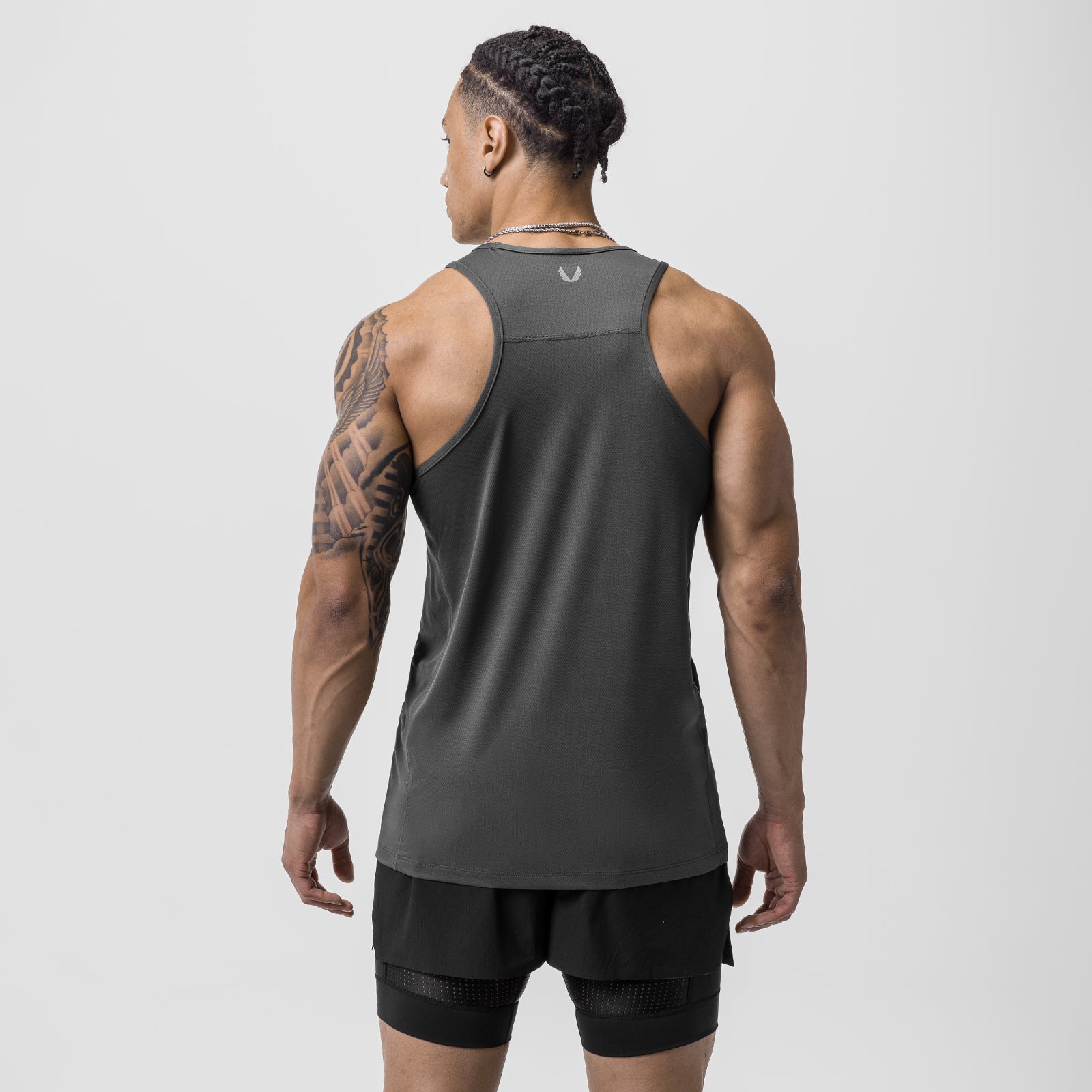 AeroSilver Training Singlet in space grey, worn by model showing back view