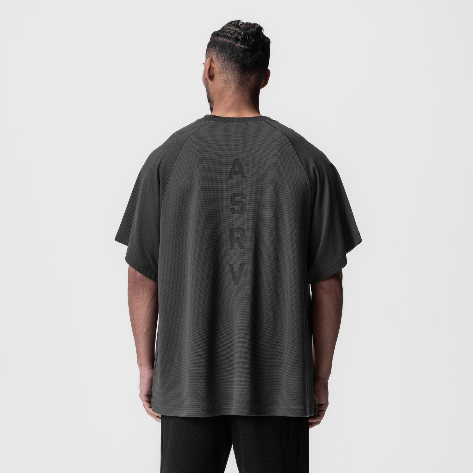 Waffle knit oversized tee in space grey, back view on model