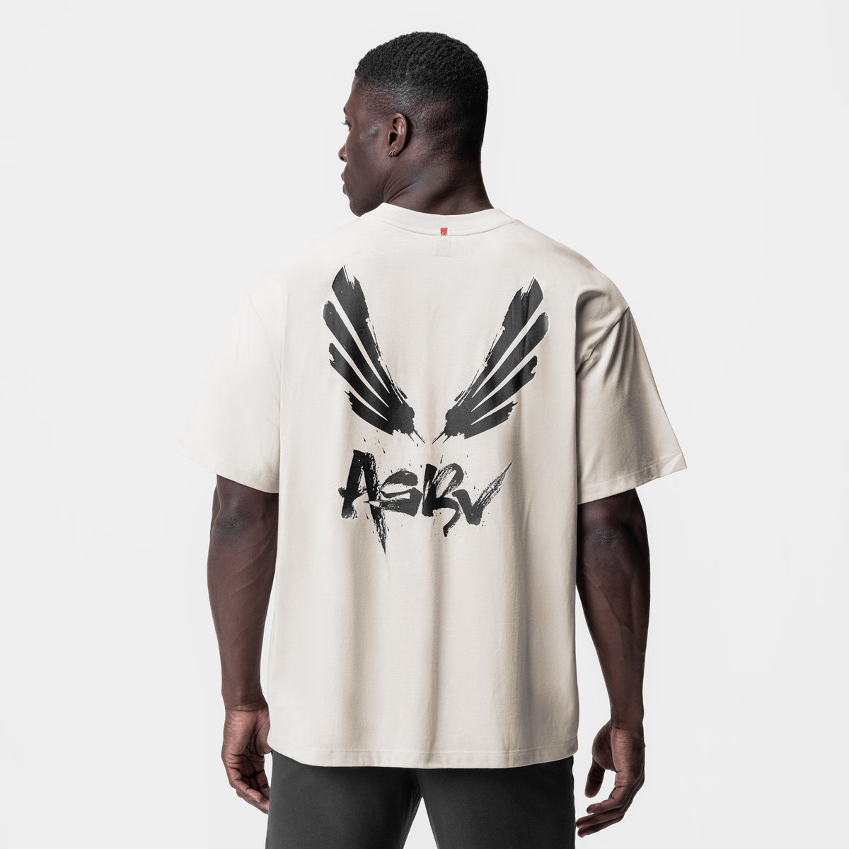 Tech Essential Relaxed Tee in stone with black brush wings graphic, back view on model