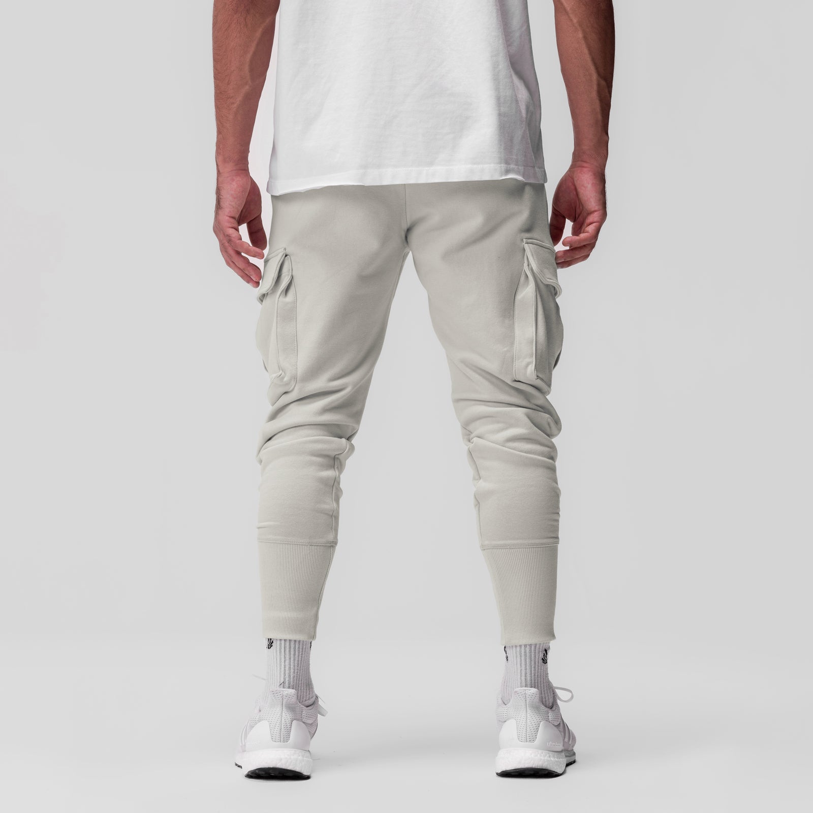 Tech-Terry Cargo High Rib Jogger in stone, worn by model, back view