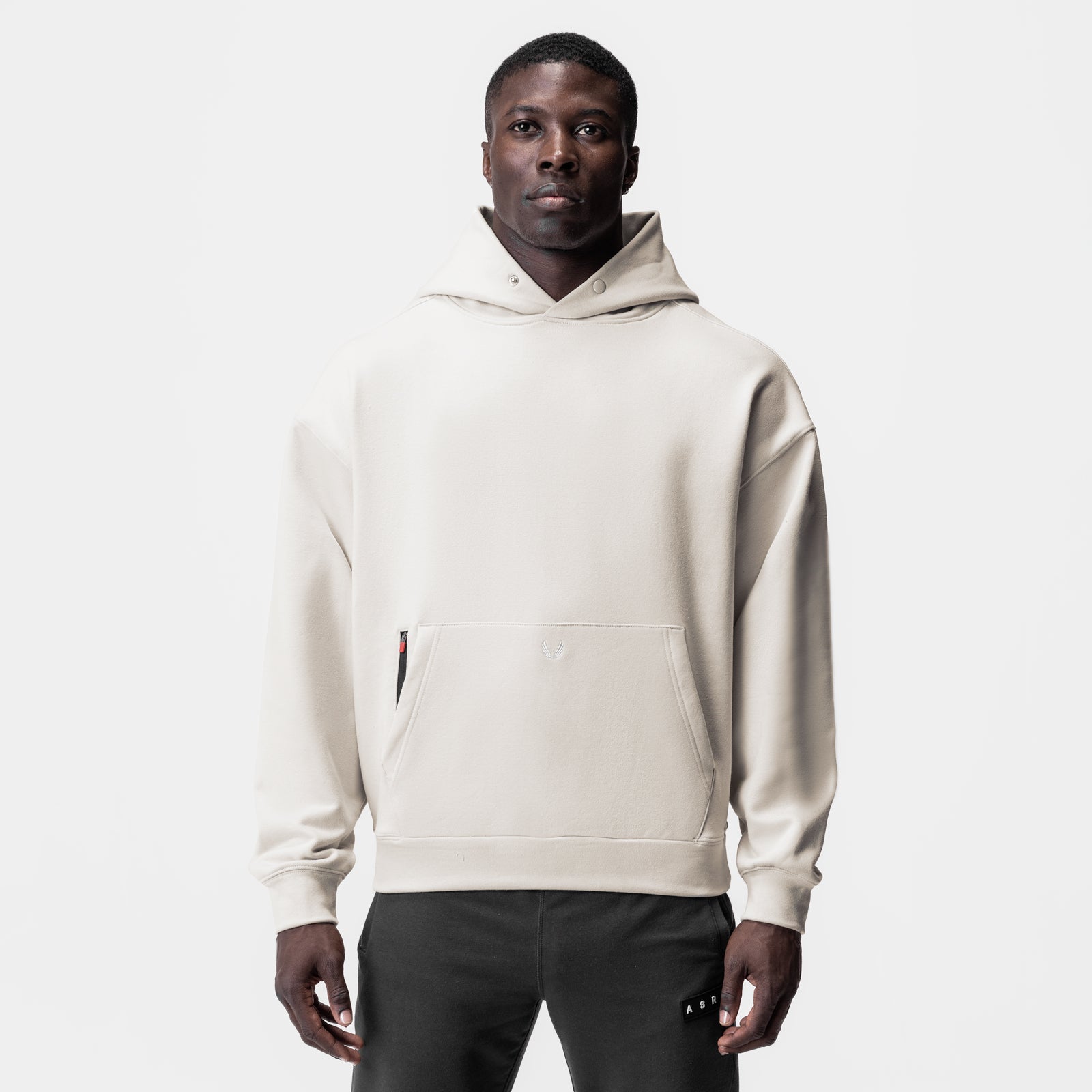 Tech-Terry Zip Pocket Hoodie in Stone worn by model, front view
