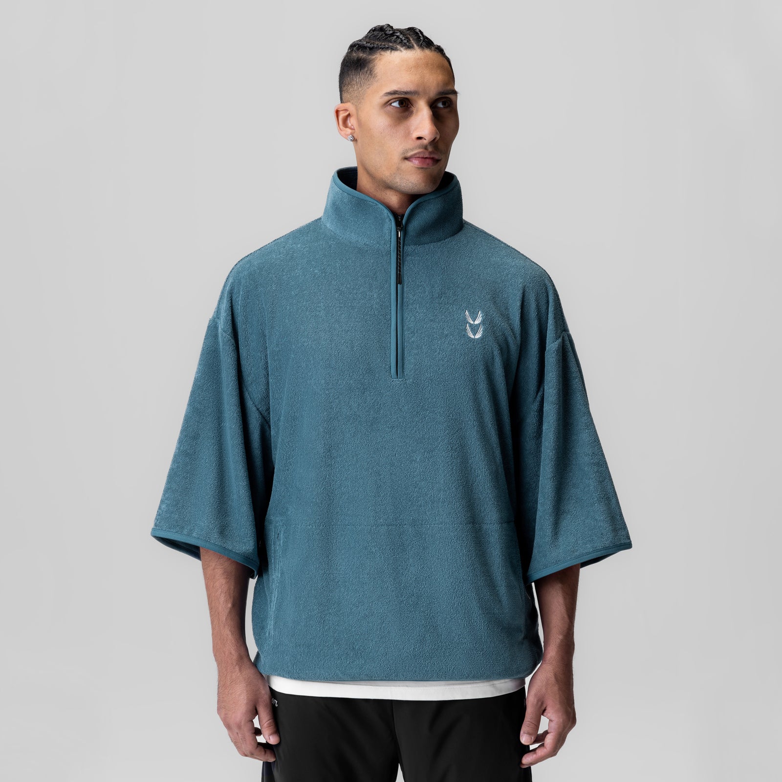 Towel Terry Quarter Zip Oversized Tee in storm blue, modeled front view