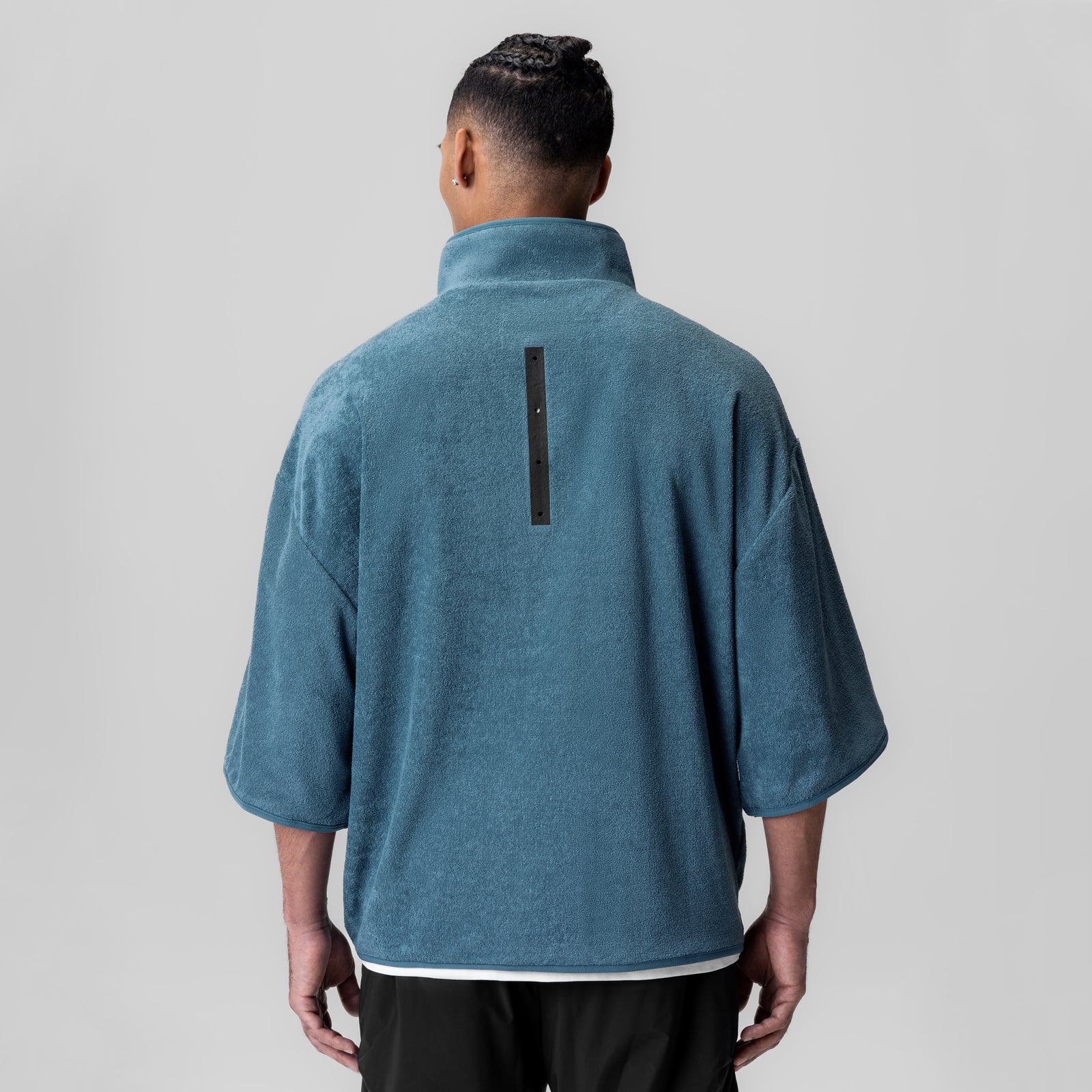 Towel Terry Quarter Zip Oversized Tee in storm blue, back view on model