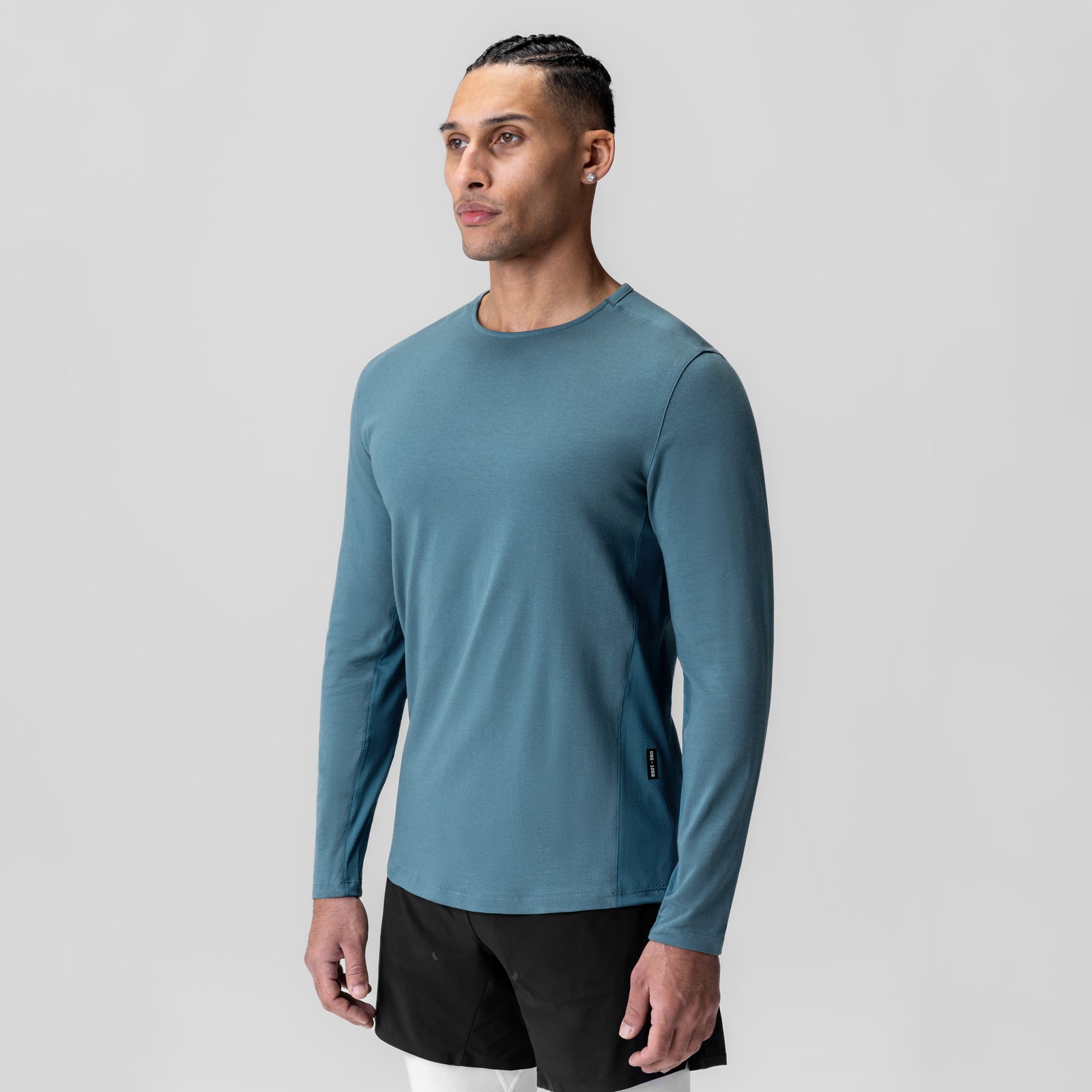 Creora® Cotton Modal long sleeve in storm blue, worn by model, front view