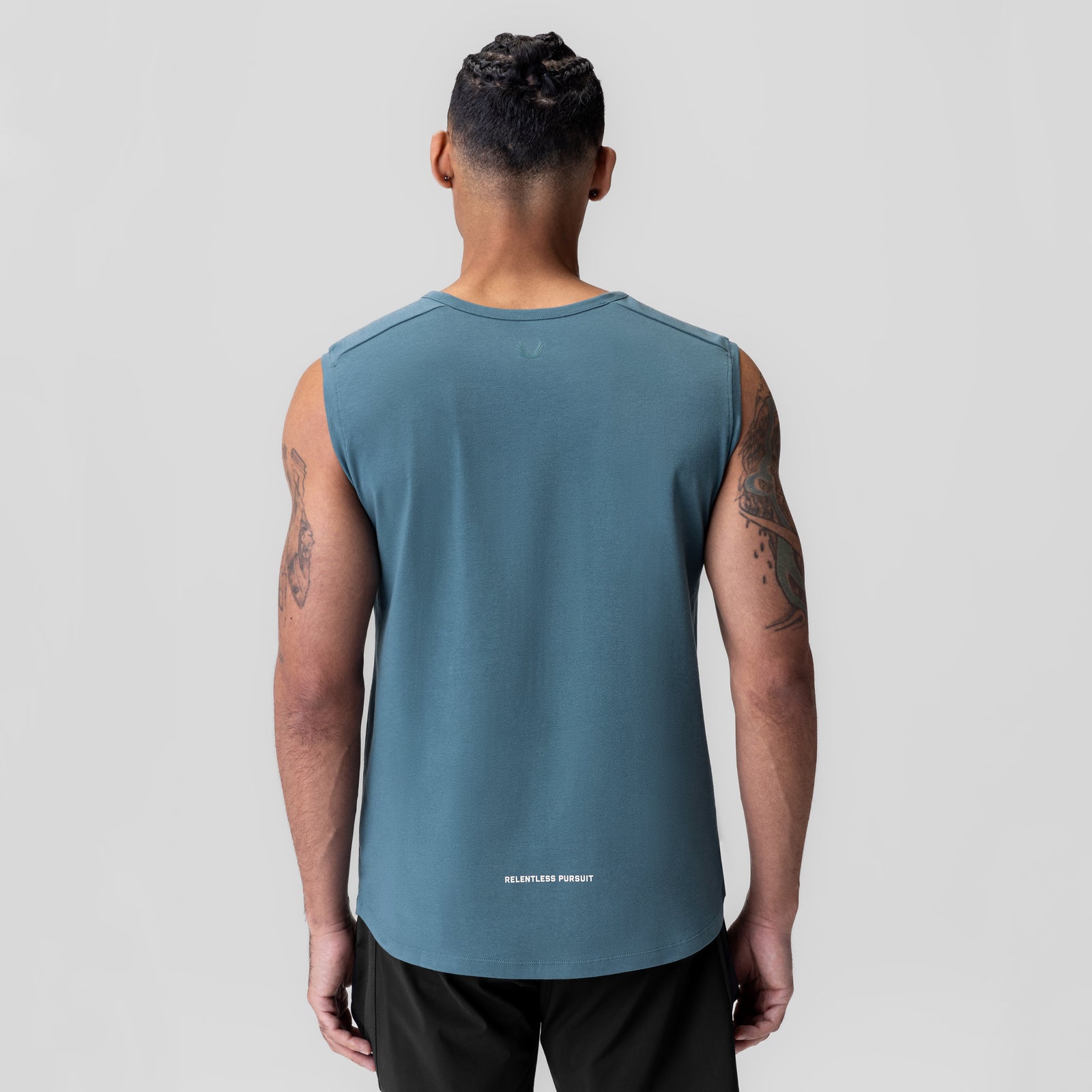 Creora® Cotton Modal Cutoff Tank in storm blue, back view on model