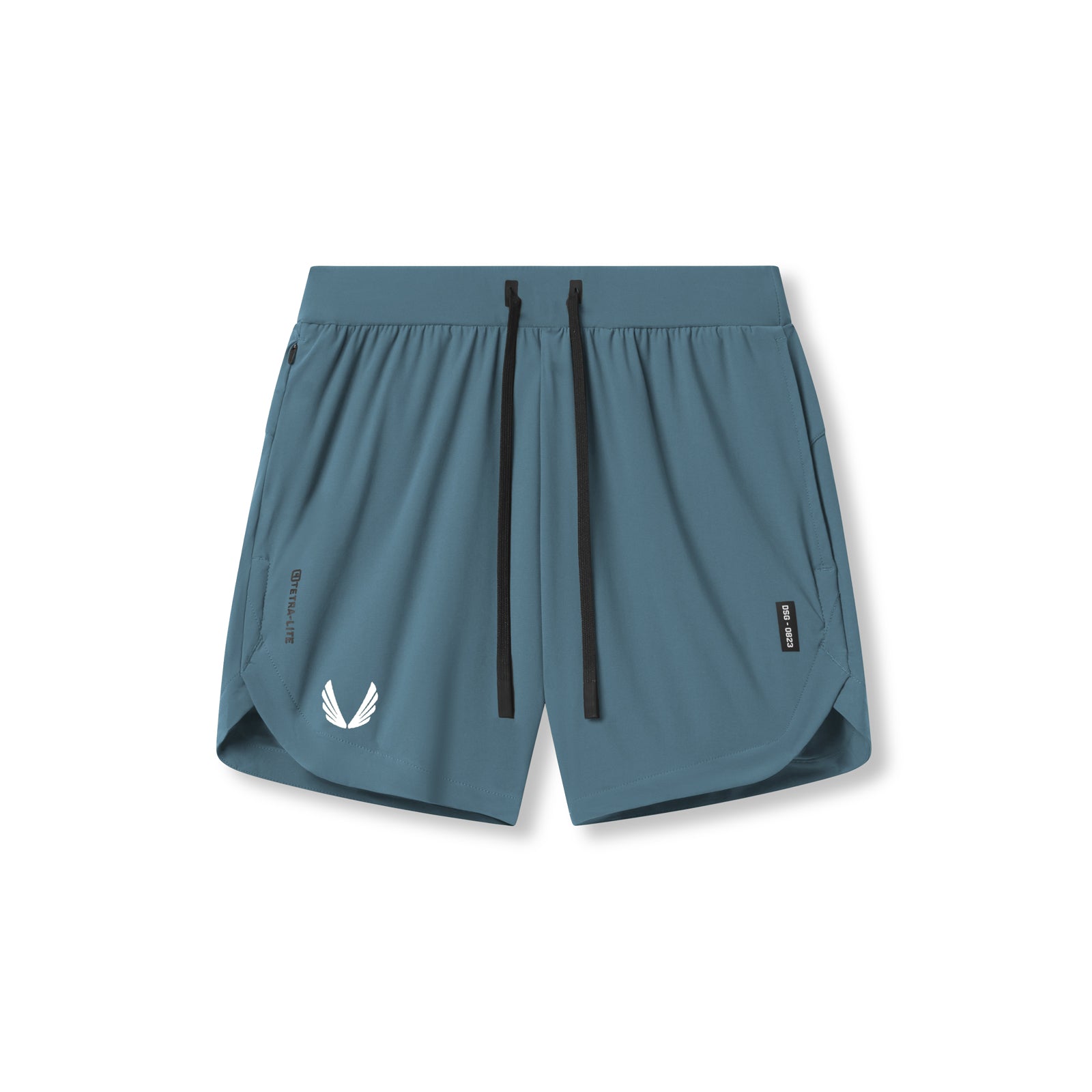 Flatlay of Tetra-Lite 7" Linerless Shorts in storm blue with white wings logo, front view