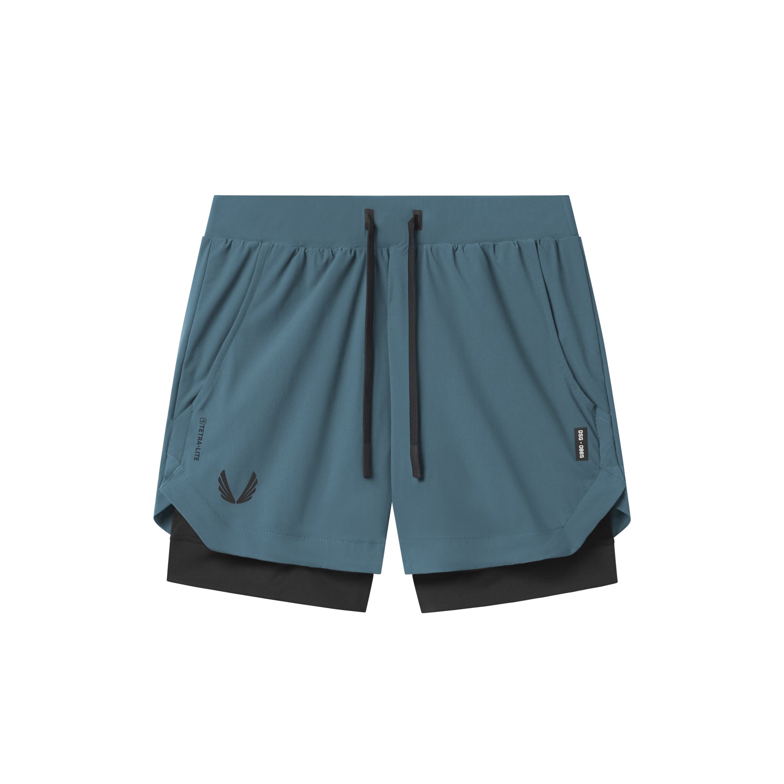 flatlay Tetra-Lite 5" Liner Short in Storm Blue and Black, front view