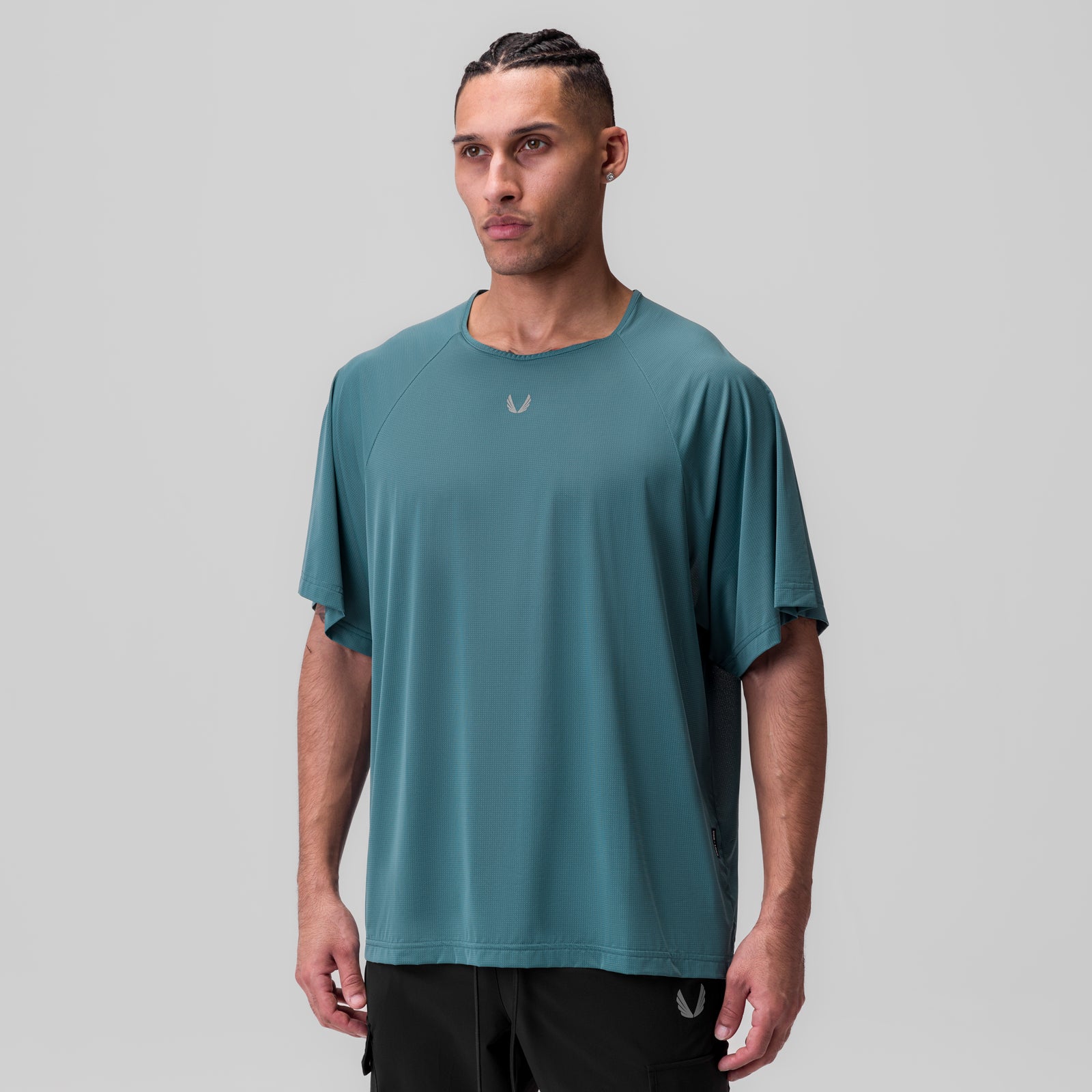 Ice-Skin™ Oversized Tee in storm blue, worn by model, front view