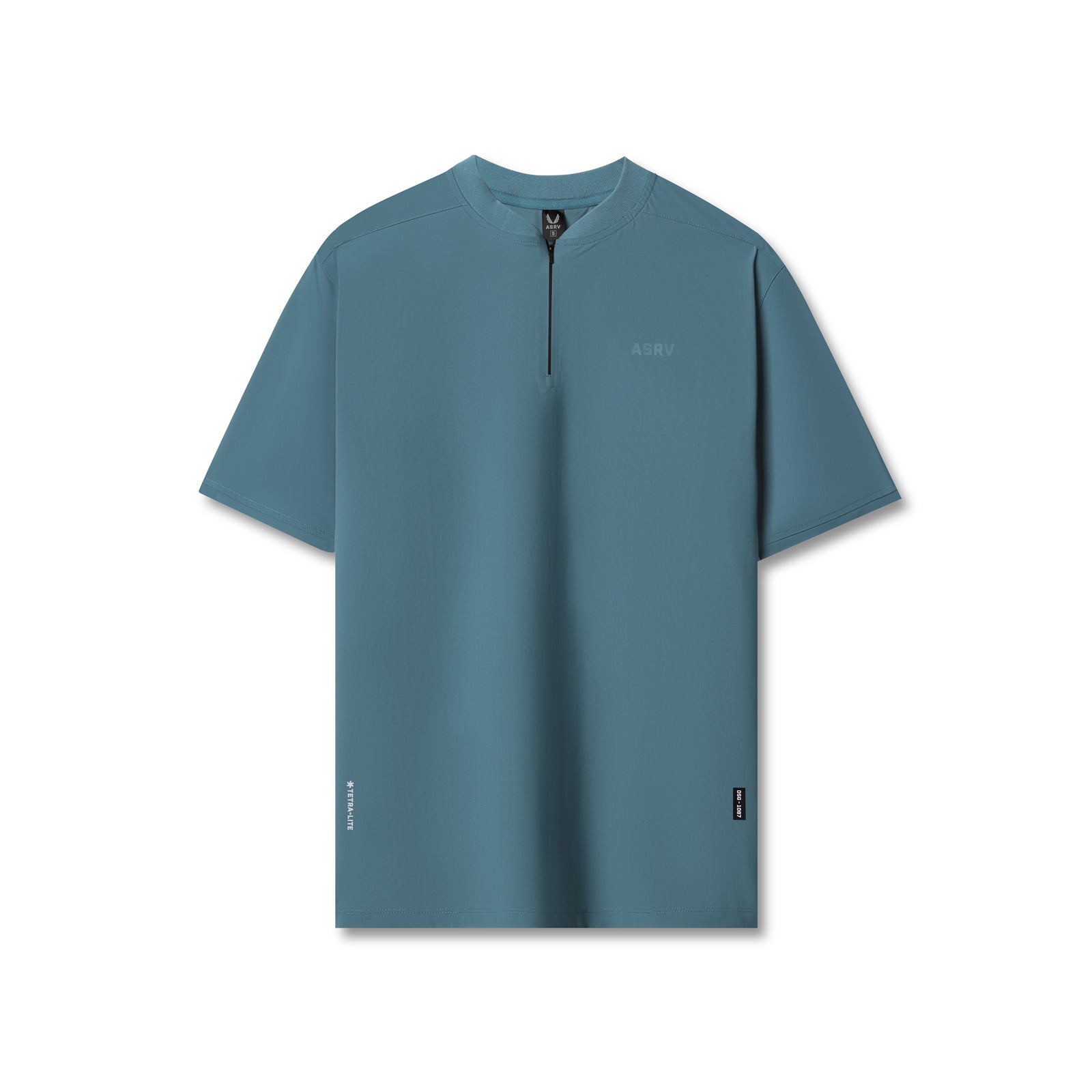 Flatlay of Tetra-Lite Ice Zip Tee in storm blue, front view