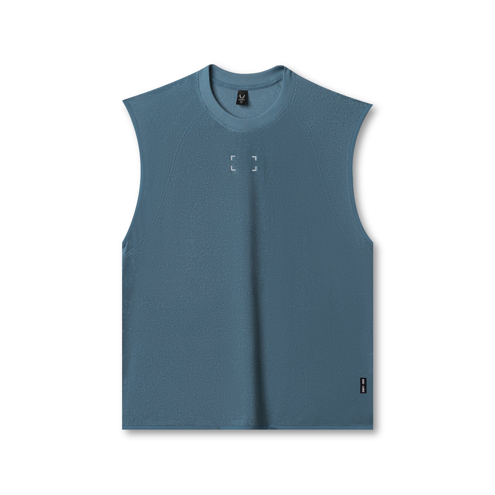 flatlay Towel Terry Cutoff sleeveless tank in storm blue, front view