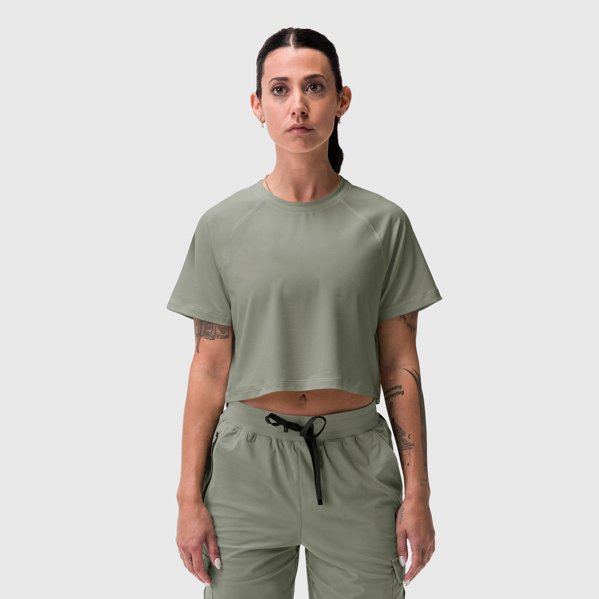 AeroSilver® Cropped Tee in sage worn by model, front view