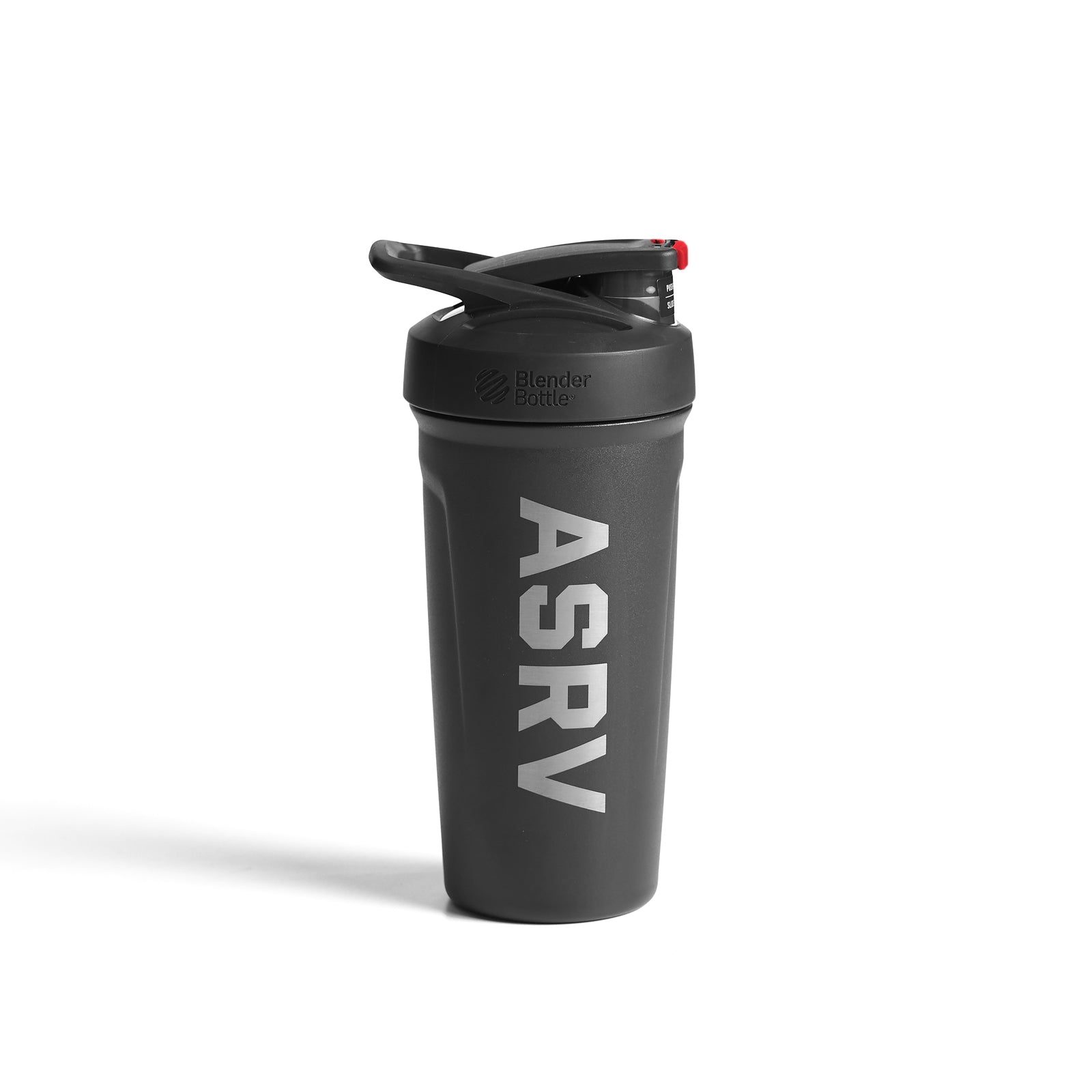 ASRV x Blender Bottle Strada insulated shaker in black with red flip cap, front view