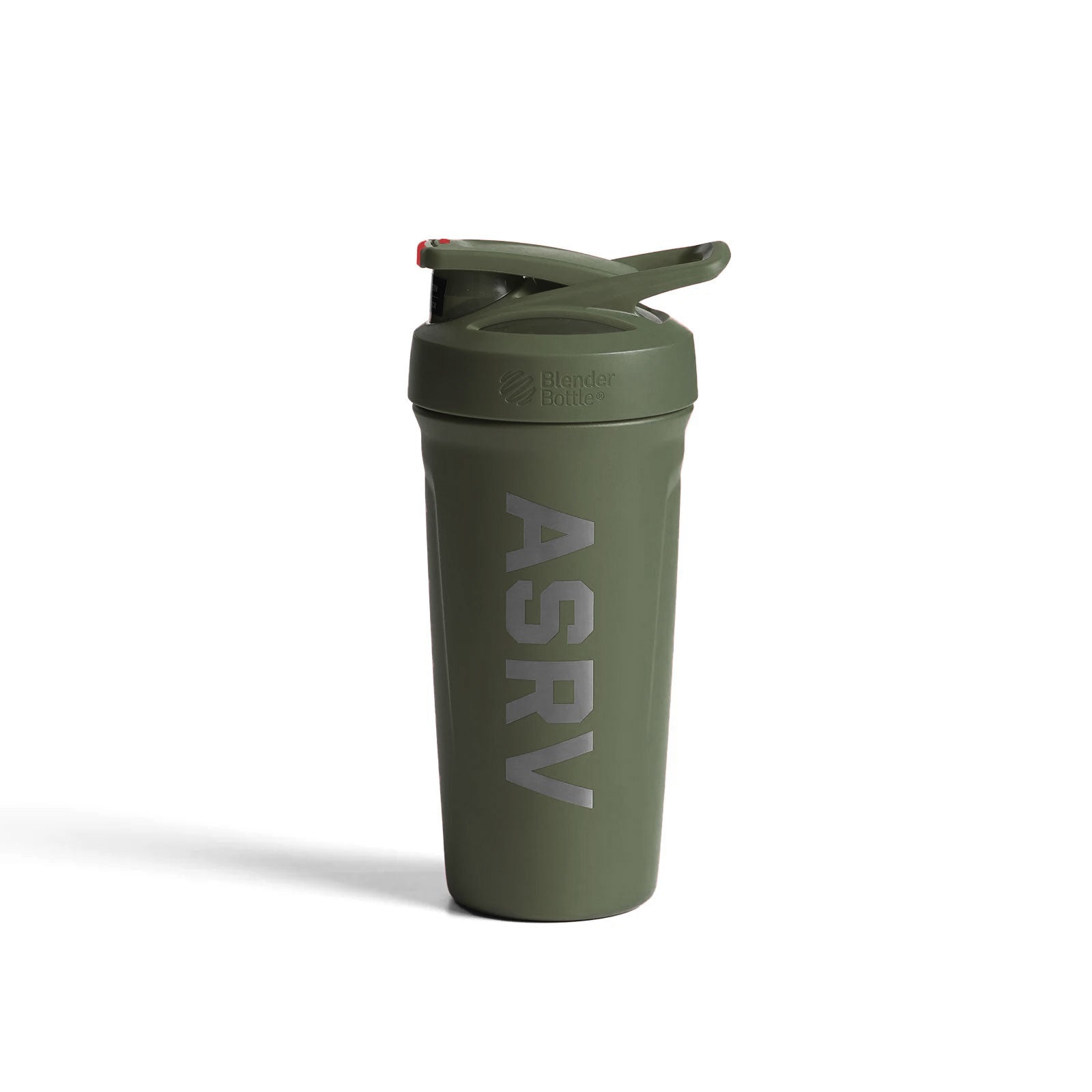 flatlay ASRV x Blender Bottle Strada insulated shaker in olive green, front view