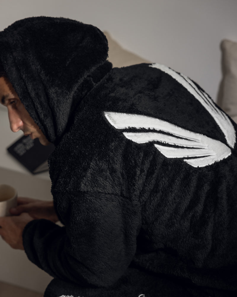 0553. Sherpa Recovery Hoodie - Black/White "Wings"
