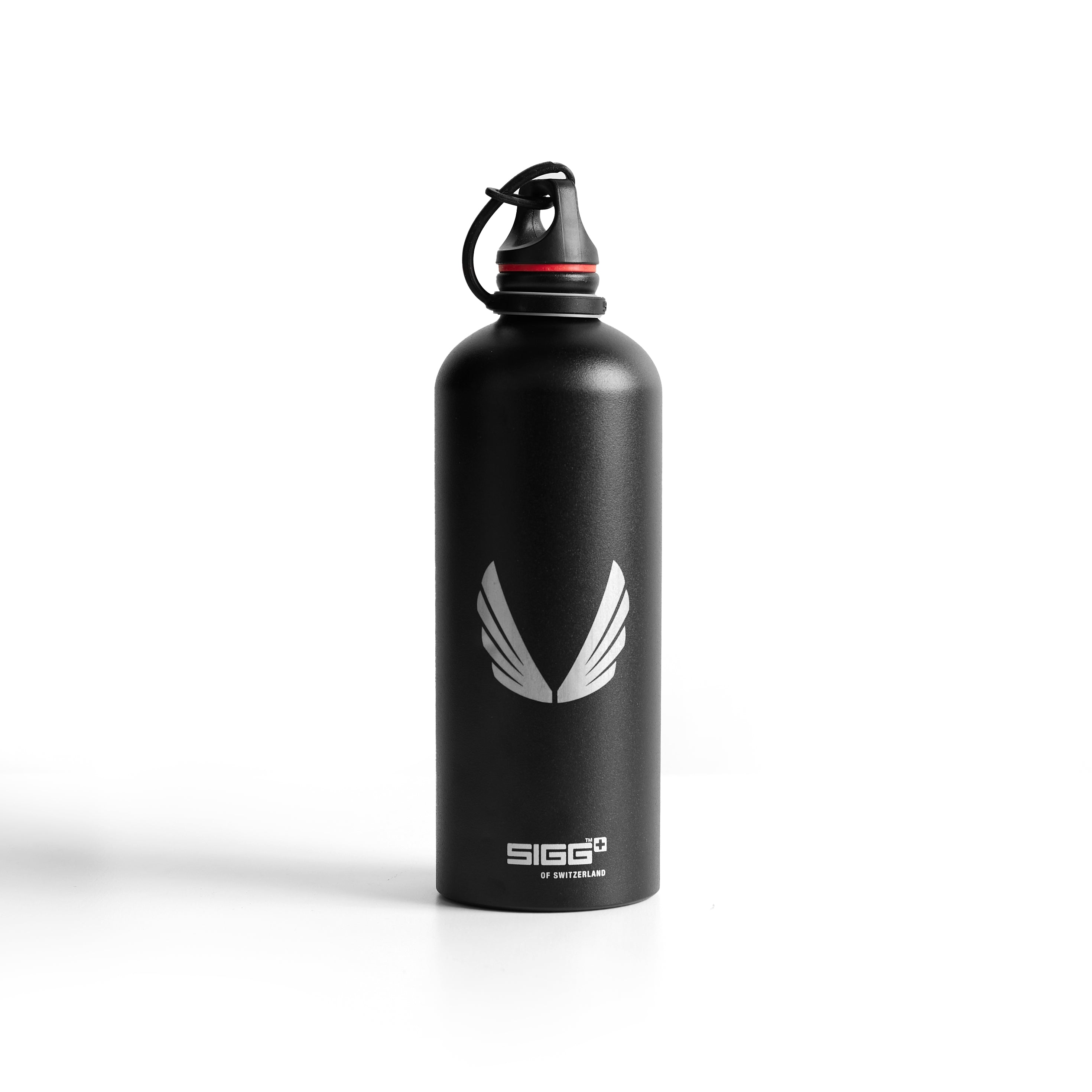 ASRV x SIGG Water Bottle Traveler 1.0L in black with winged logo, front view