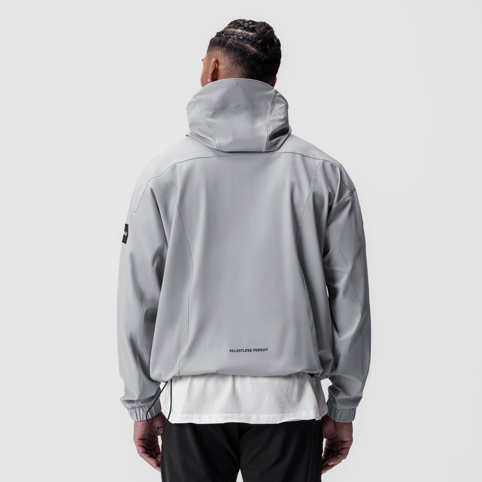 Weather-Ready Anorak Jacket in slate grey worn by model, back view