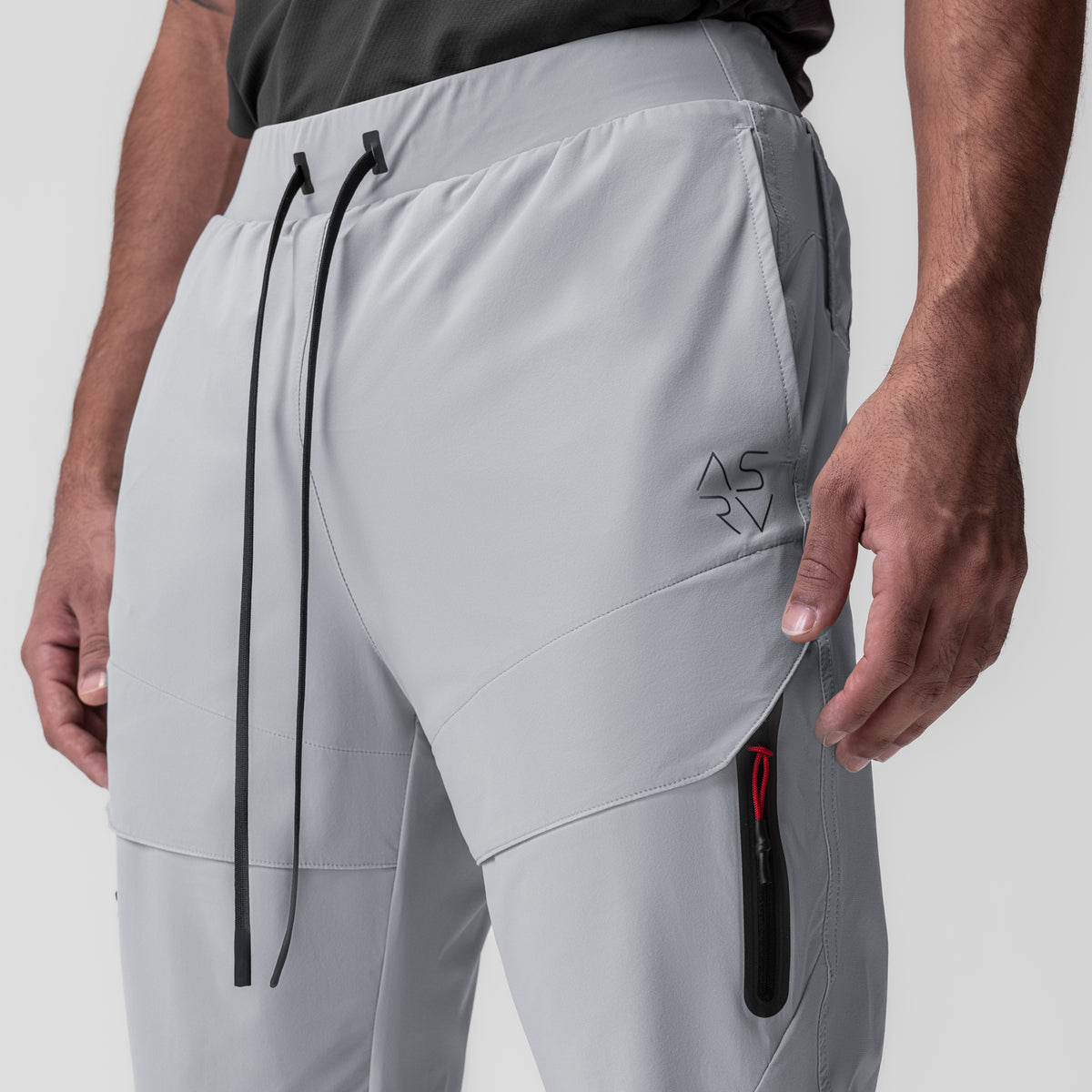 Tetra-Lite® Tech High Rib Jogger in Slate Grey worn by model, side view detail